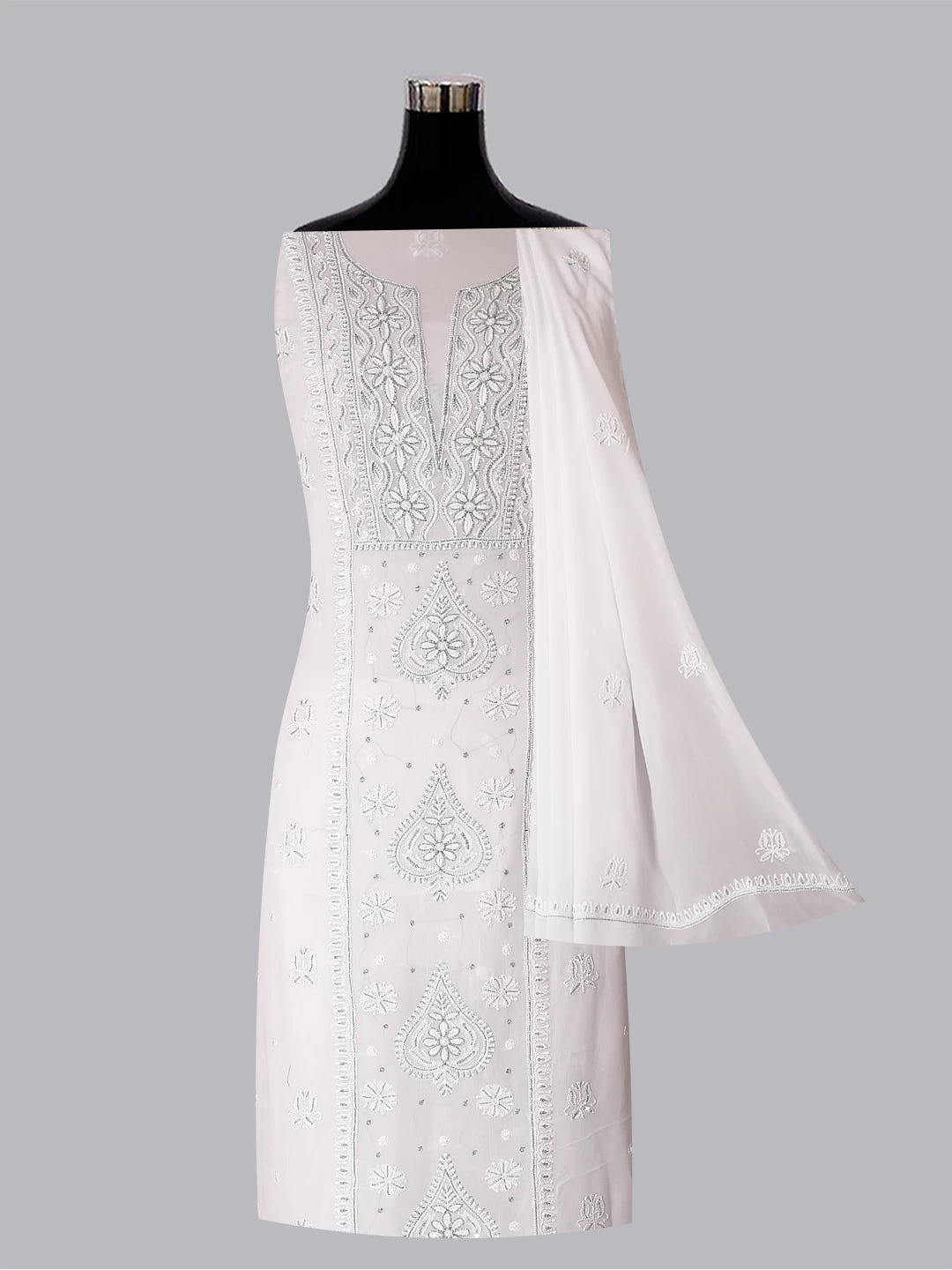 Ada Hand Embroidered White Viscose Georgette Lucknowi Chikankari Unstitched Kurta Dupatta Set With Cutdana Work 01A424979