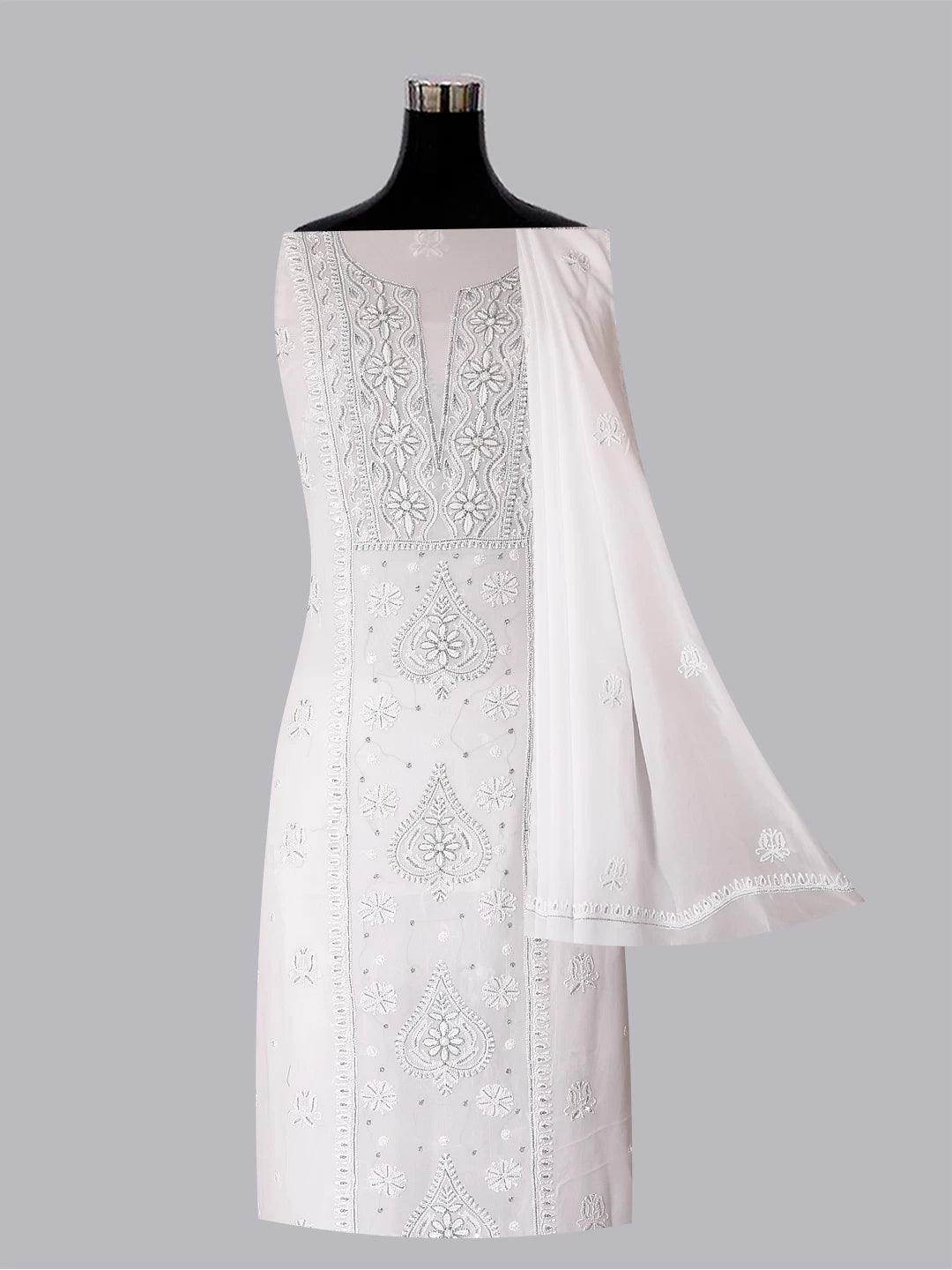 Ada Hand Embroidered White Viscose Georgette Lucknowi Chikankari Unstitched Kurta Dupatta Set With Cutdana Work 01A424979