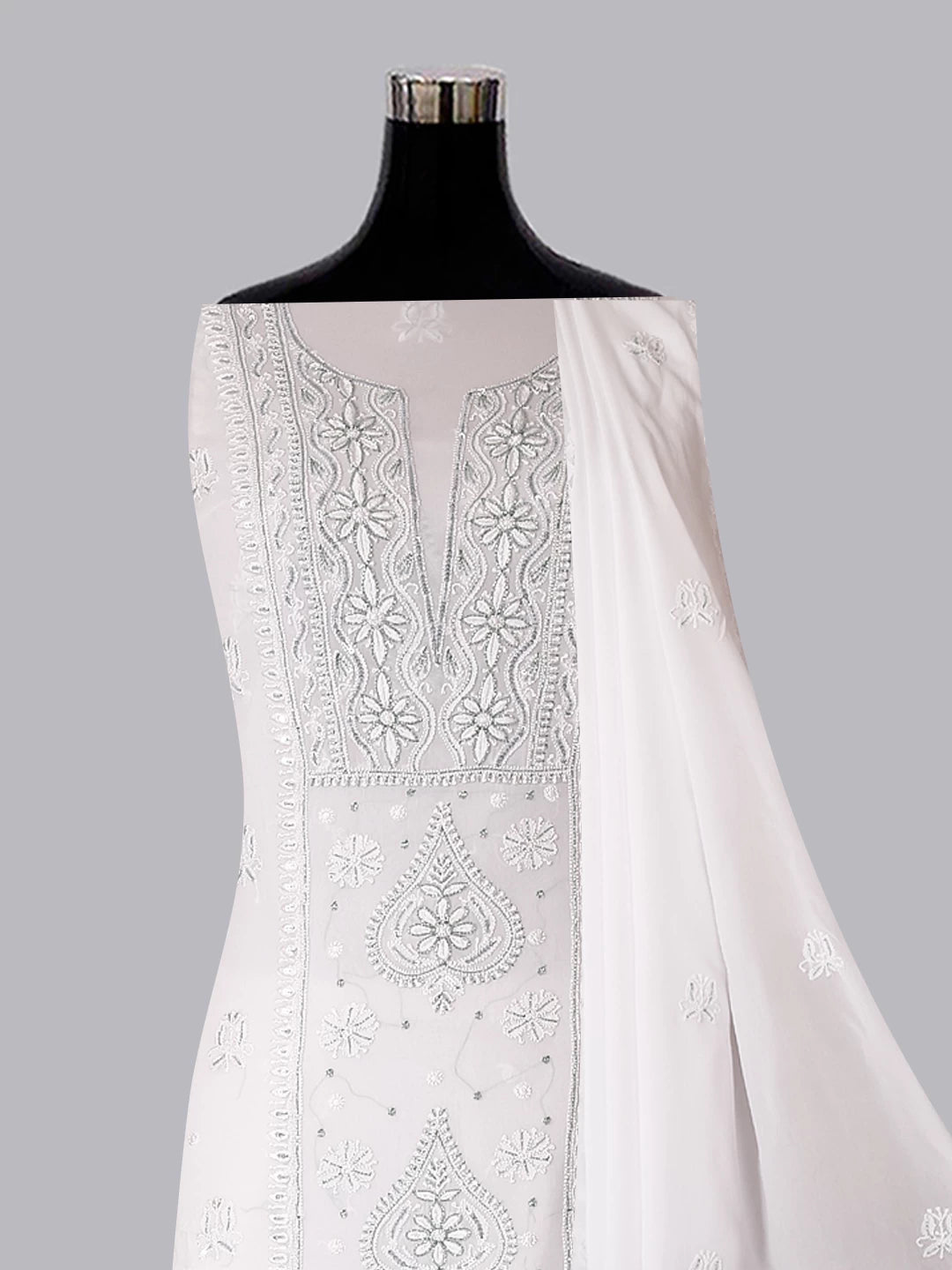 Ada Hand Embroidered White Viscose Georgette Lucknowi Chikankari Unstitched Kurta Dupatta Set With Cutdana Work 01A424979