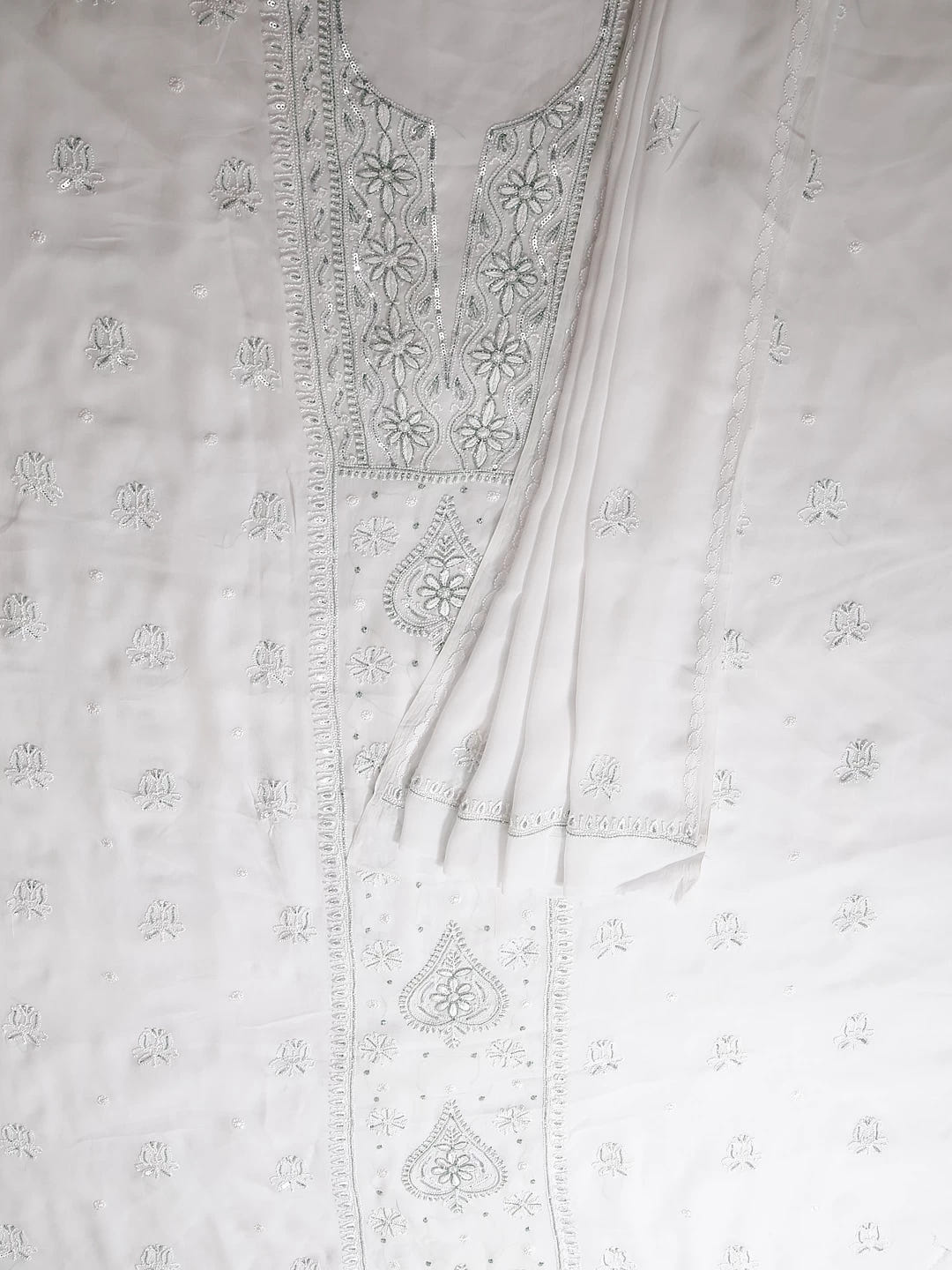 Ada Hand Embroidered White Viscose Georgette Lucknowi Chikankari Unstitched Kurta Dupatta Set With Cutdana Work 01A424979