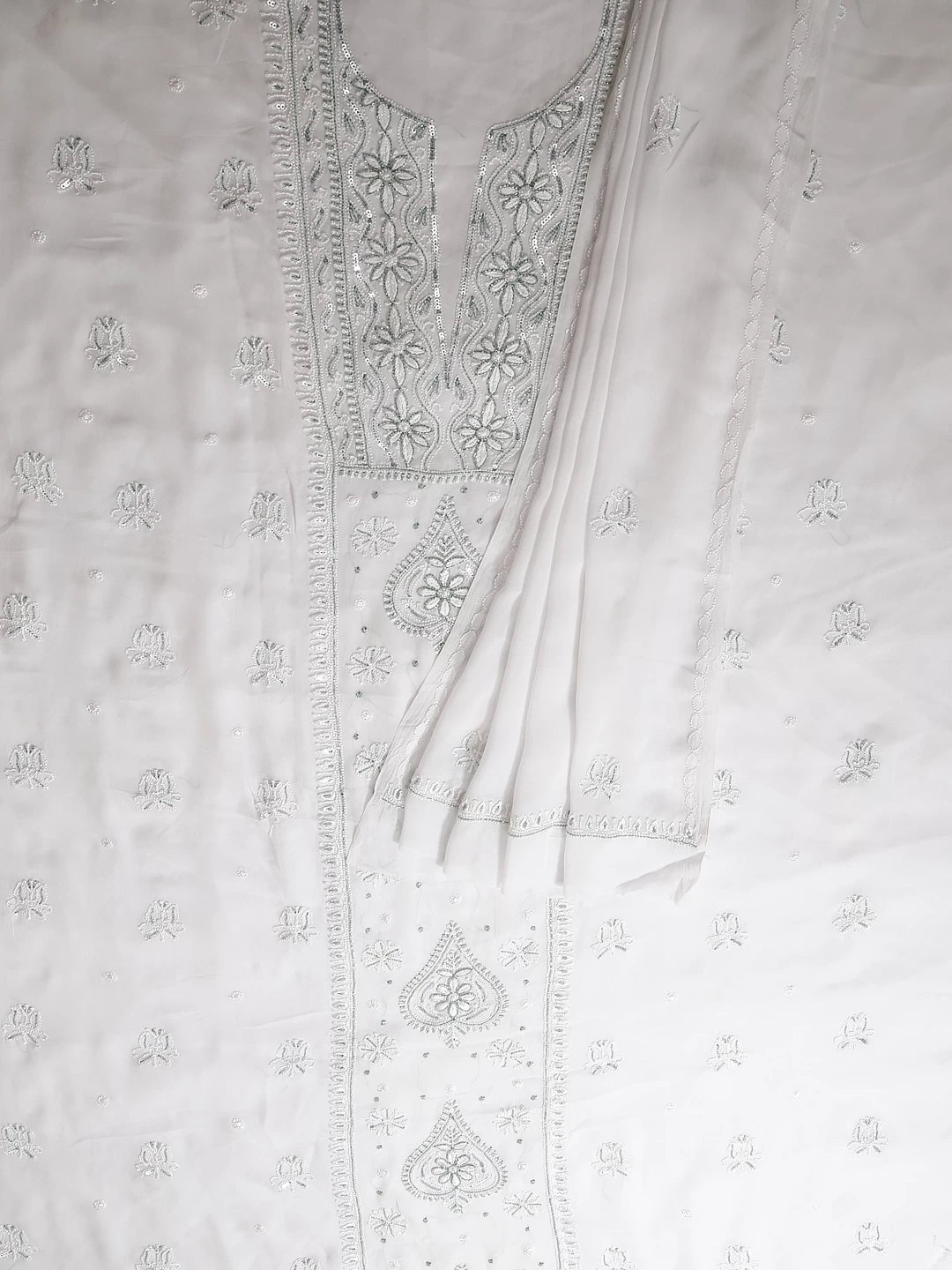 Ada Hand Embroidered White Viscose Georgette Lucknowi Chikankari Unstitched Kurta Dupatta Set With Cutdana Work 01A424979