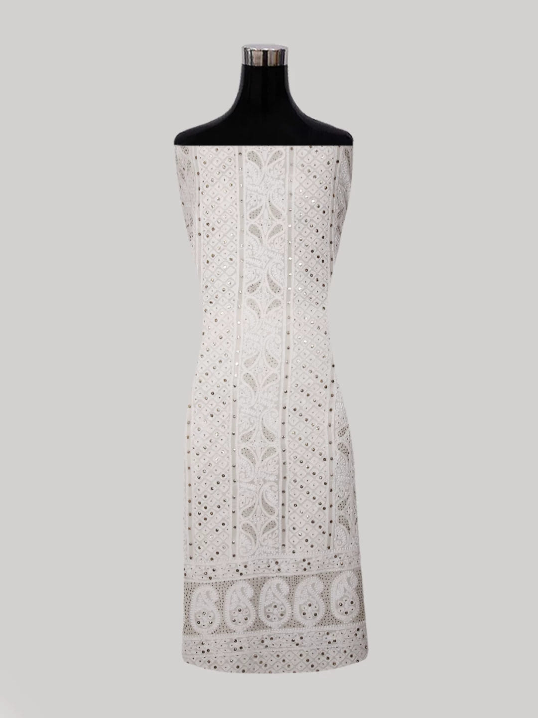 Ada Hand Embroidered Ivory White Pure Georgette Lucknowi Chikankari Unstitched Kurta Dupatta Set With Muqaish Work 01A301185