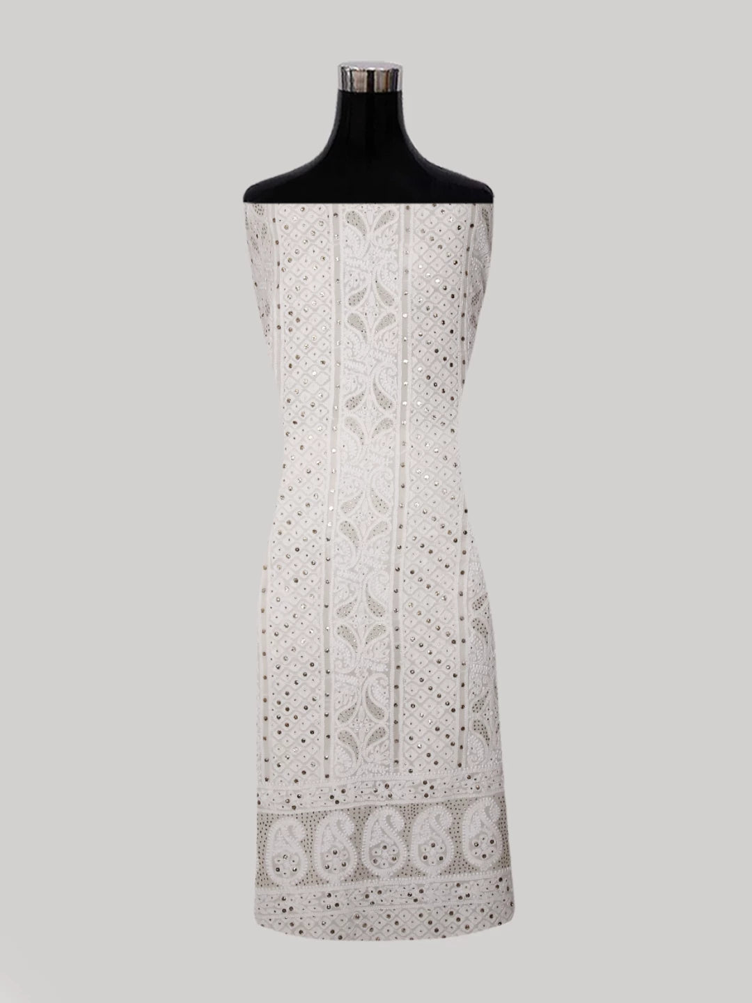 Ada Hand Embroidered Ivory White Pure Georgette Lucknowi Chikankari Unstitched Kurta Dupatta Set With Muqaish Work 01A301185