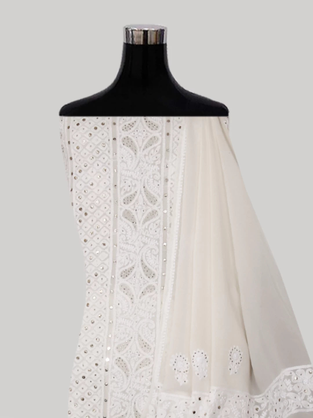 Ada Hand Embroidered Ivory White Pure Georgette Lucknowi Chikankari Unstitched Kurta Dupatta Set With Muqaish Work 01A301185