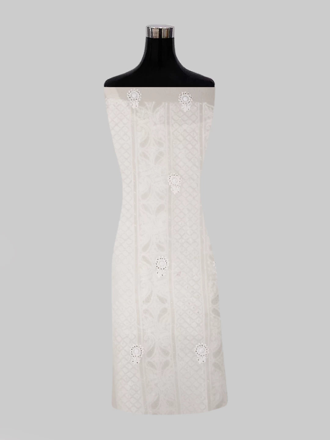 Ada Hand Embroidered Ivory White Pure Georgette Lucknowi Chikankari Unstitched Kurta Dupatta Set With Muqaish Work 01A301185