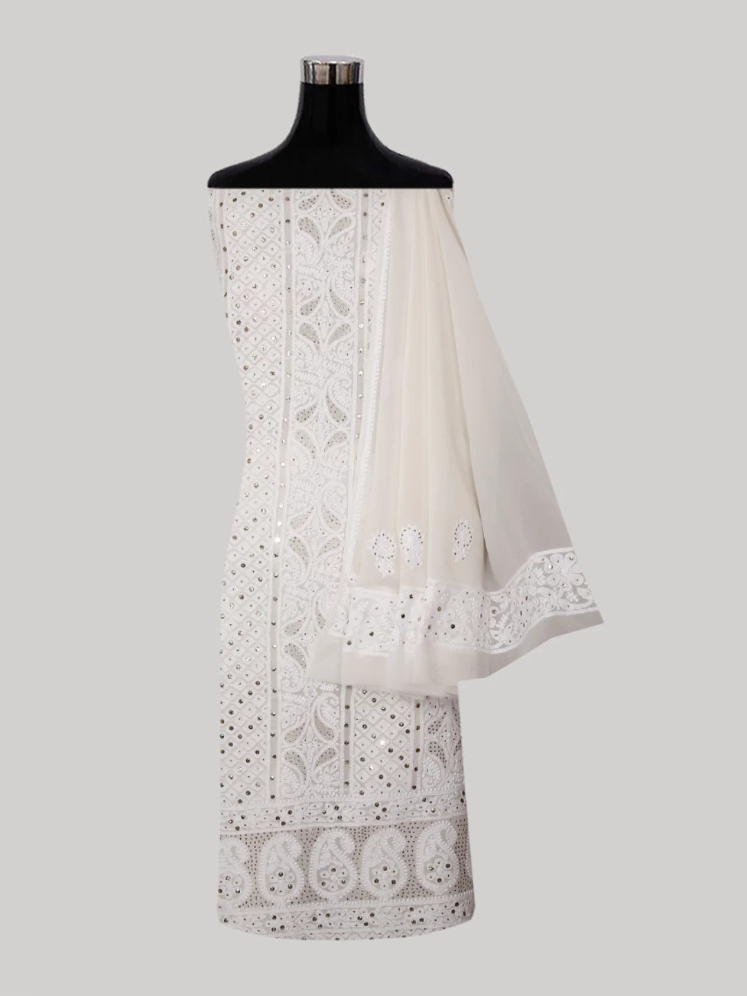 Ada Hand Embroidered Ivory White Pure Georgette Lucknowi Chikankari Unstitched Kurta Dupatta Set With Muqaish Work 01A301185