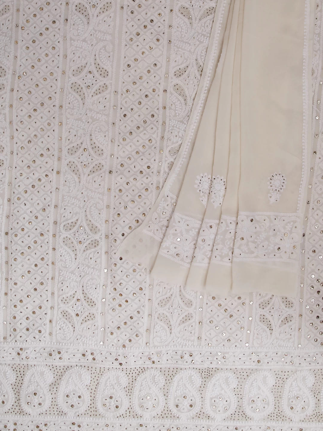 Ada Hand Embroidered Ivory White Pure Georgette Lucknowi Chikankari Unstitched Kurta Dupatta Set With Muqaish Work 01A301185