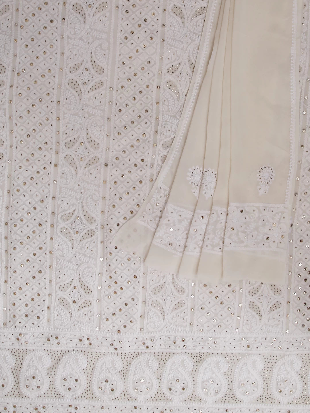 Ada Hand Embroidered Ivory White Pure Georgette Lucknowi Chikankari Unstitched Kurta Dupatta Set With Muqaish Work 01A301185