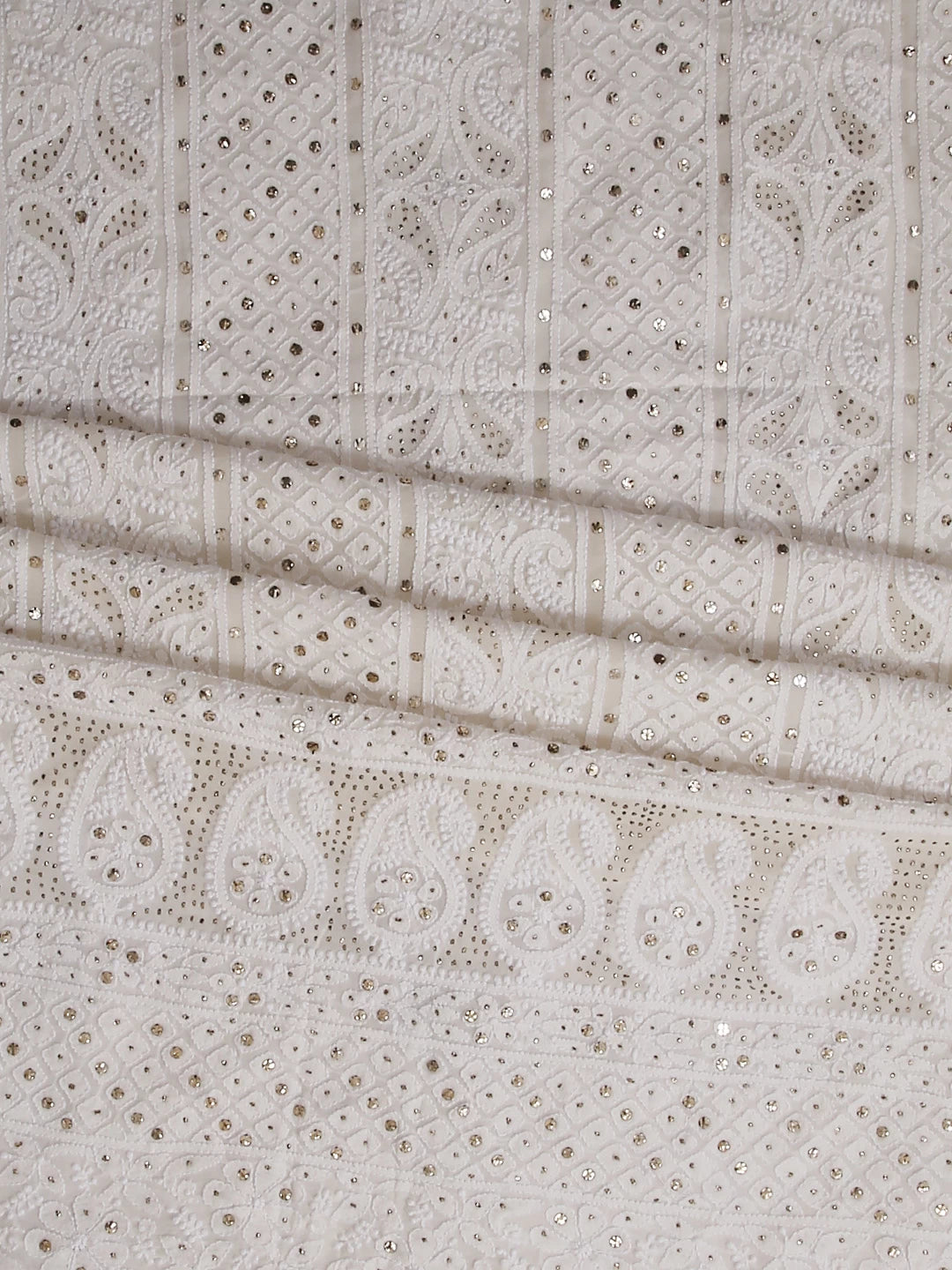Ada Hand Embroidered Ivory White Pure Georgette Lucknowi Chikankari Unstitched Kurta Dupatta Set With Muqaish Work 01A301185