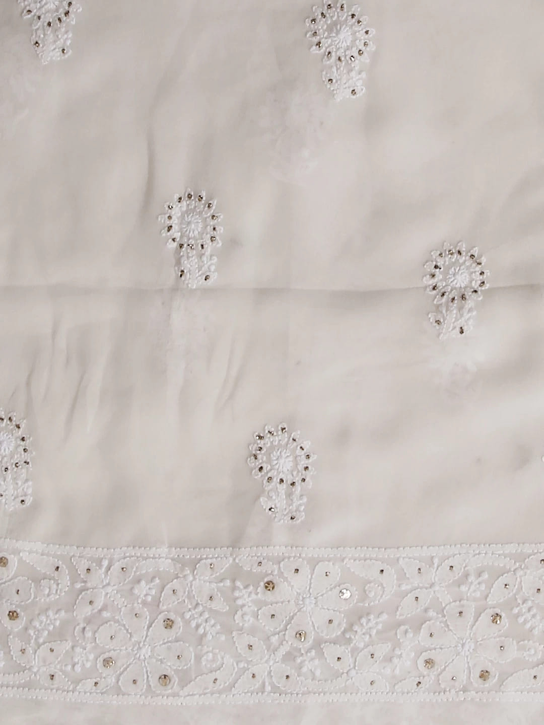 Ada Hand Embroidered Ivory White Pure Georgette Lucknowi Chikankari Unstitched Kurta Dupatta Set With Muqaish Work 01A301185