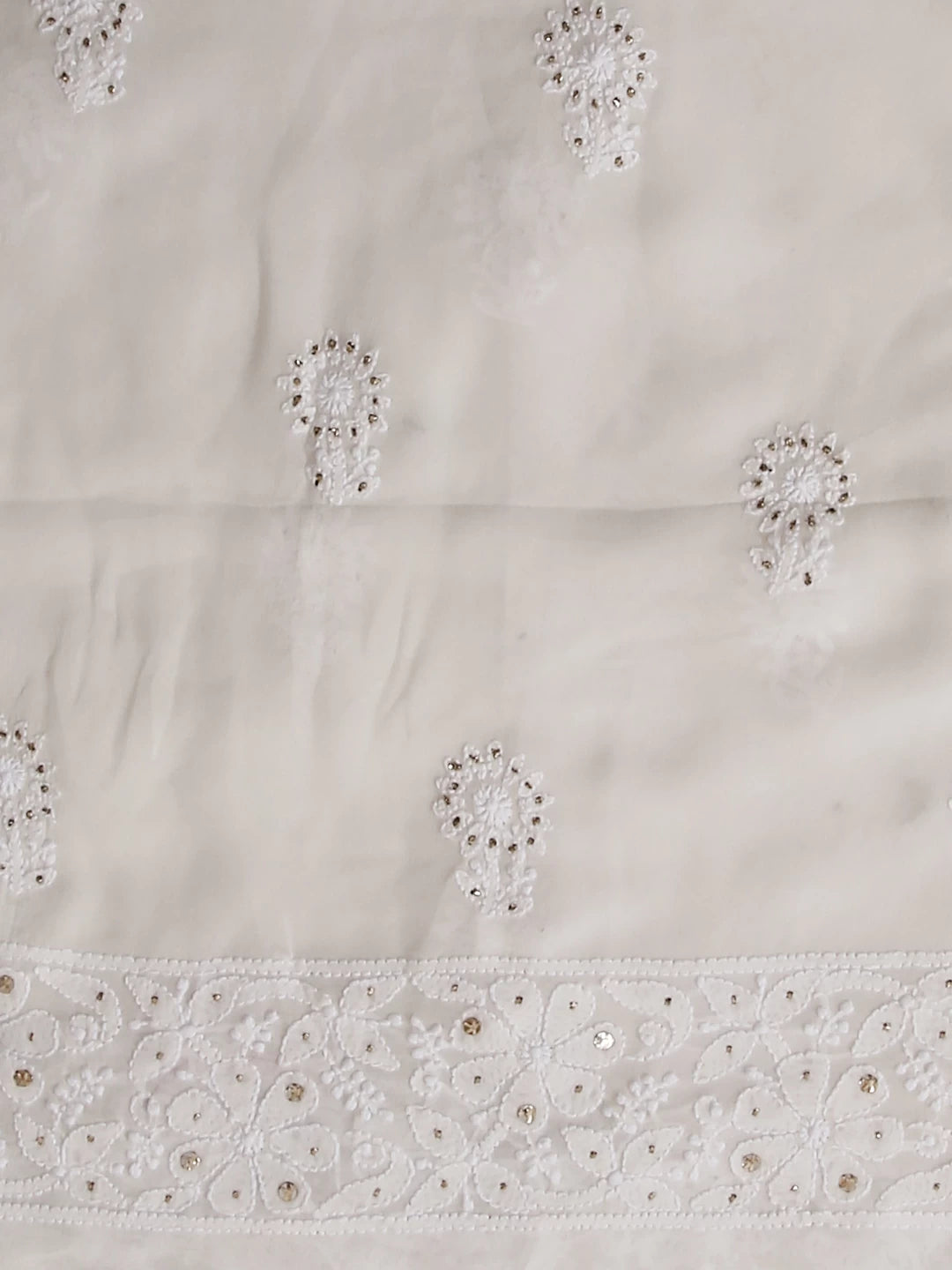 Ada Hand Embroidered Ivory White Pure Georgette Lucknowi Chikankari Unstitched Kurta Dupatta Set With Muqaish Work 01A301185