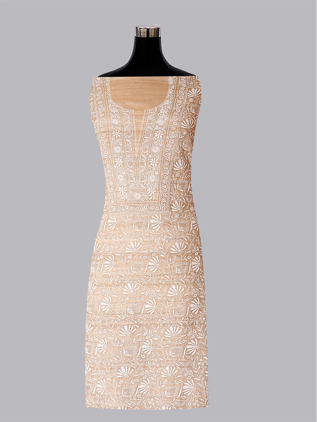 Ada Hand Embroidered Natural Fawn Ghicha Silk Lucknowi Chikankari Unstitched Kurta Piece With Mukaish Work 01A422205