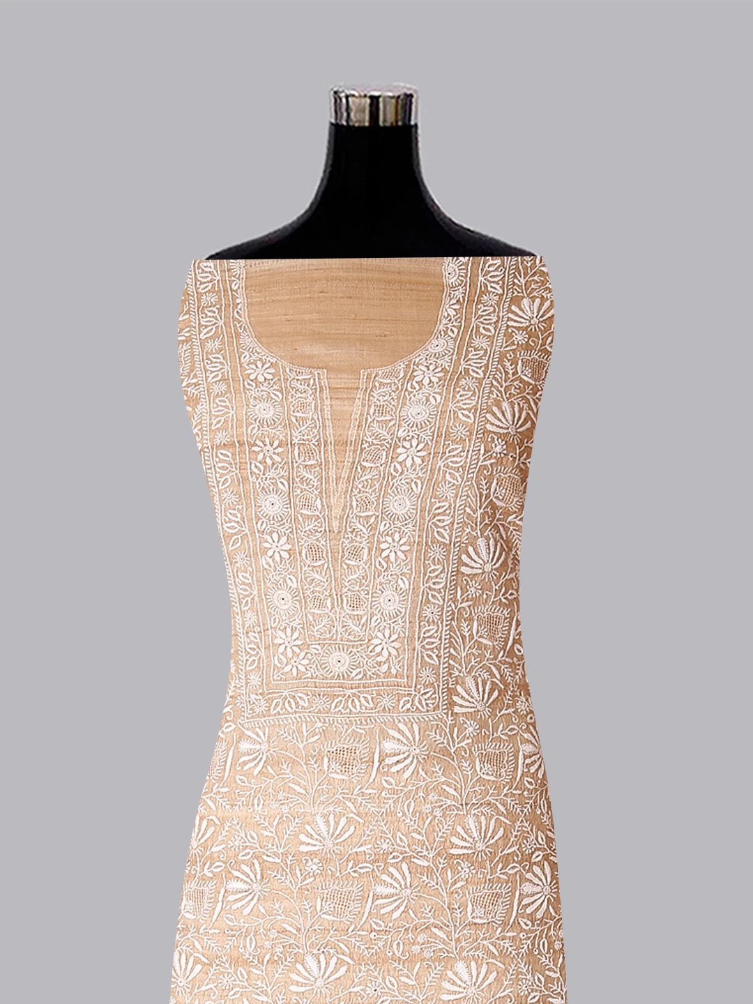 Ada Hand Embroidered Natural Fawn Ghicha Silk Lucknowi Chikankari Unstitched Kurta Piece With Mukaish Work 01A422205