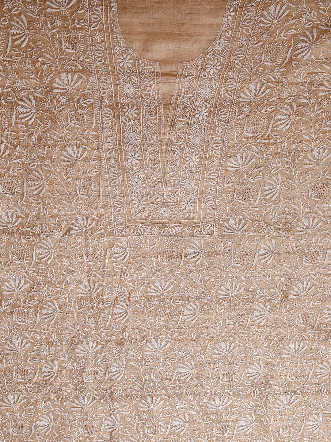 Ada Hand Embroidered Natural Fawn Ghicha Silk Lucknowi Chikankari Unstitched Kurta Piece With Mukaish Work 01A422205