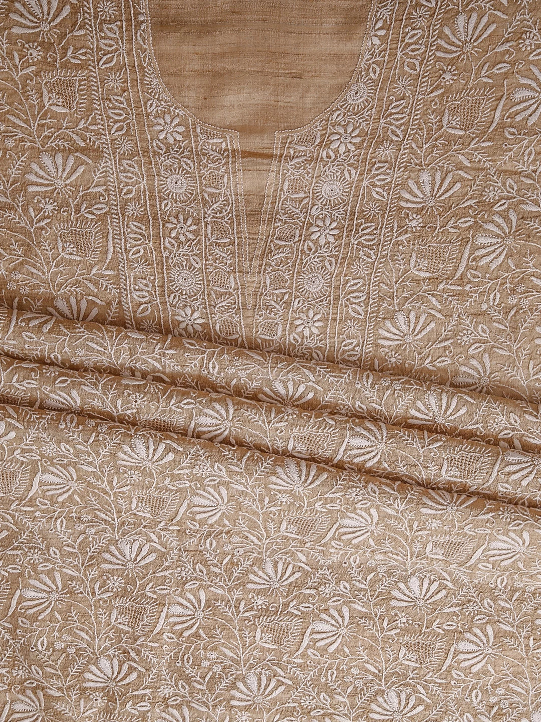 Ada Hand Embroidered Natural Fawn Ghicha Silk Lucknowi Chikankari Unstitched Kurta Piece With Mukaish Work 01A422205
