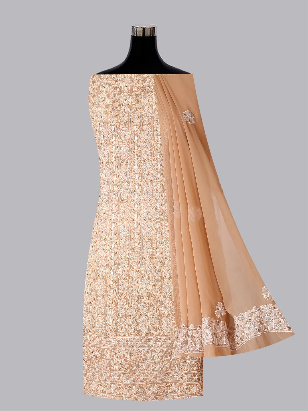 Ada Hand Embroidered Fawn Georgette Lucknowi Chikankari Unstitched Suit Piece With Gotapatti 01A409089