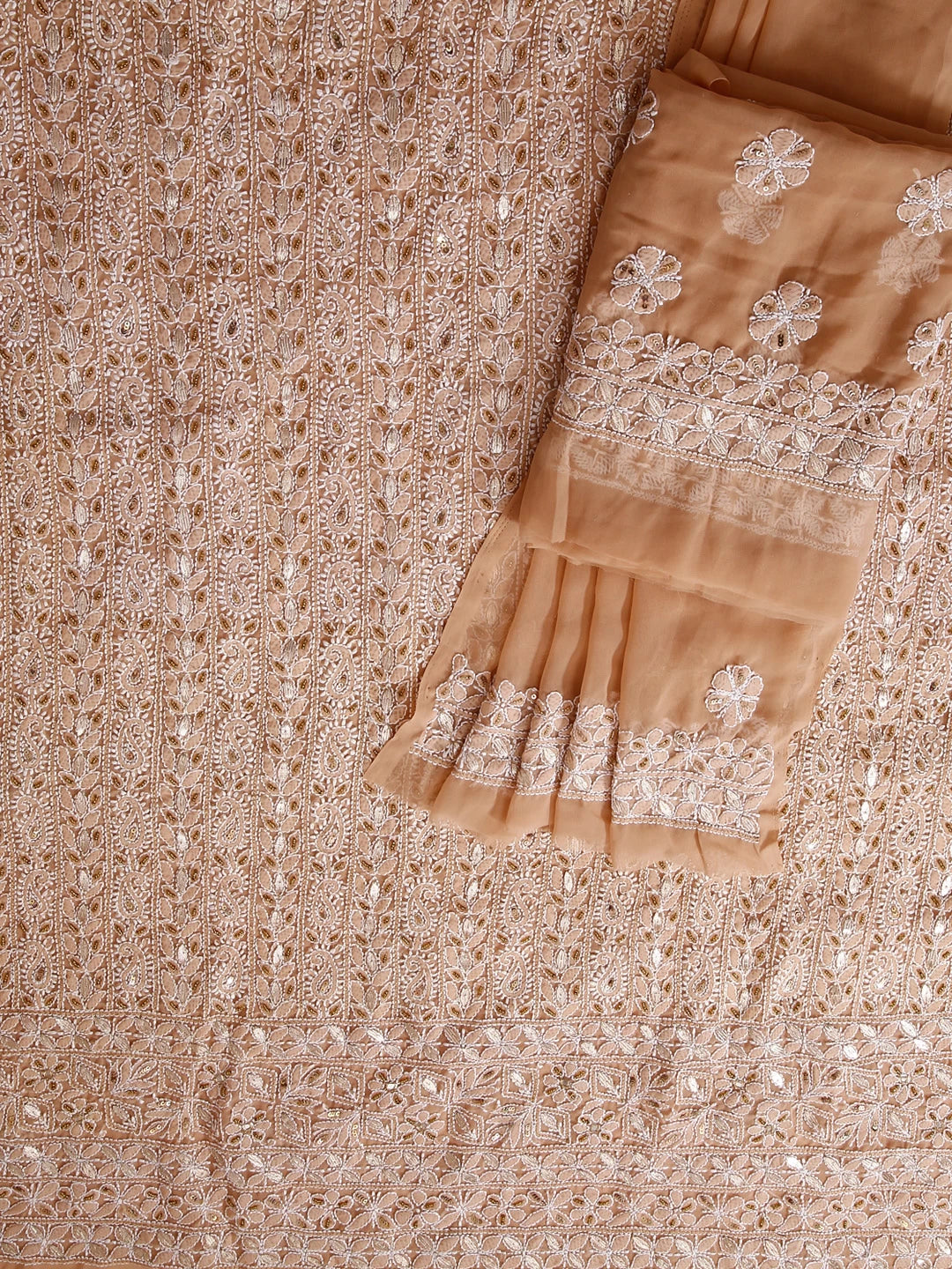 Ada Hand Embroidered Fawn Georgette Lucknowi Chikankari Unstitched Suit Piece With Gotapatti 01A409089