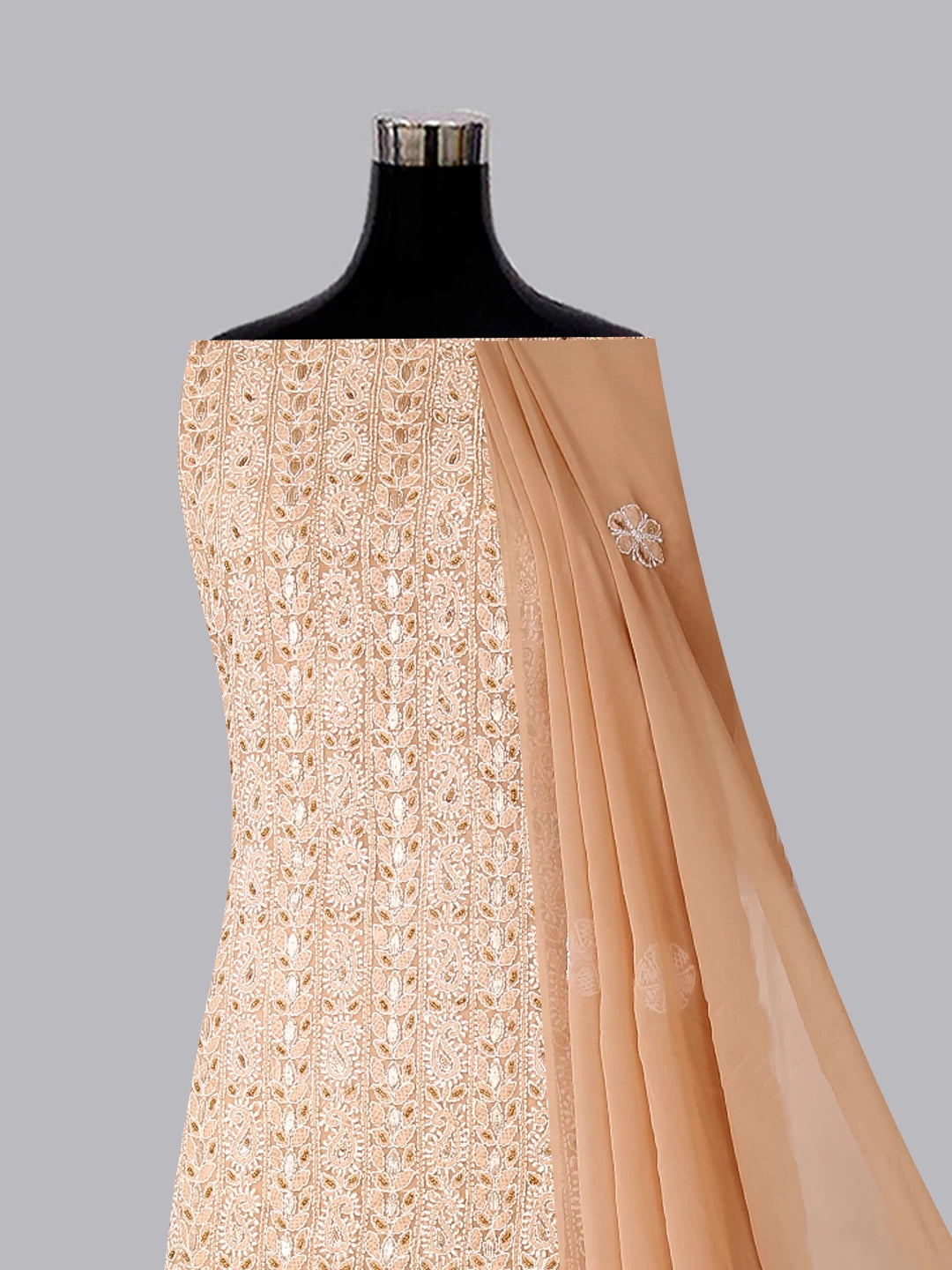 Ada Hand Embroidered Fawn Georgette Lucknowi Chikankari Unstitched Suit Piece With Gotapatti 01A409089