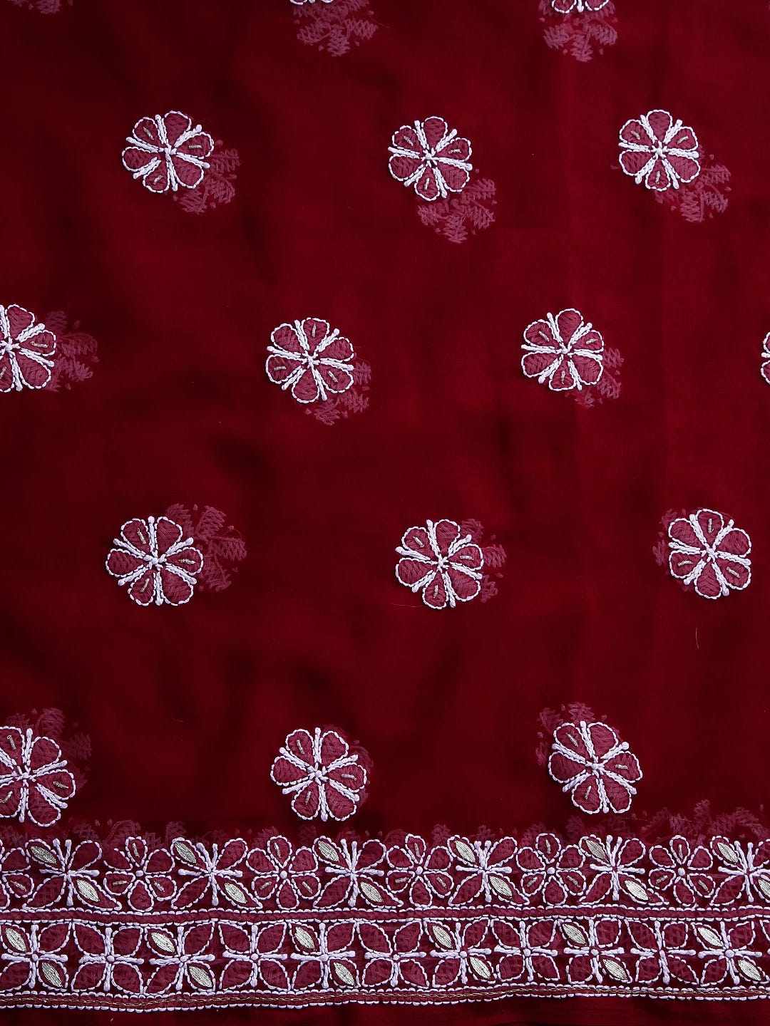 Ada Hand Embroidered Maroon Georgette Lucknowi Chikankari Unstitched Suit Piece With Gotapatti 01A378436