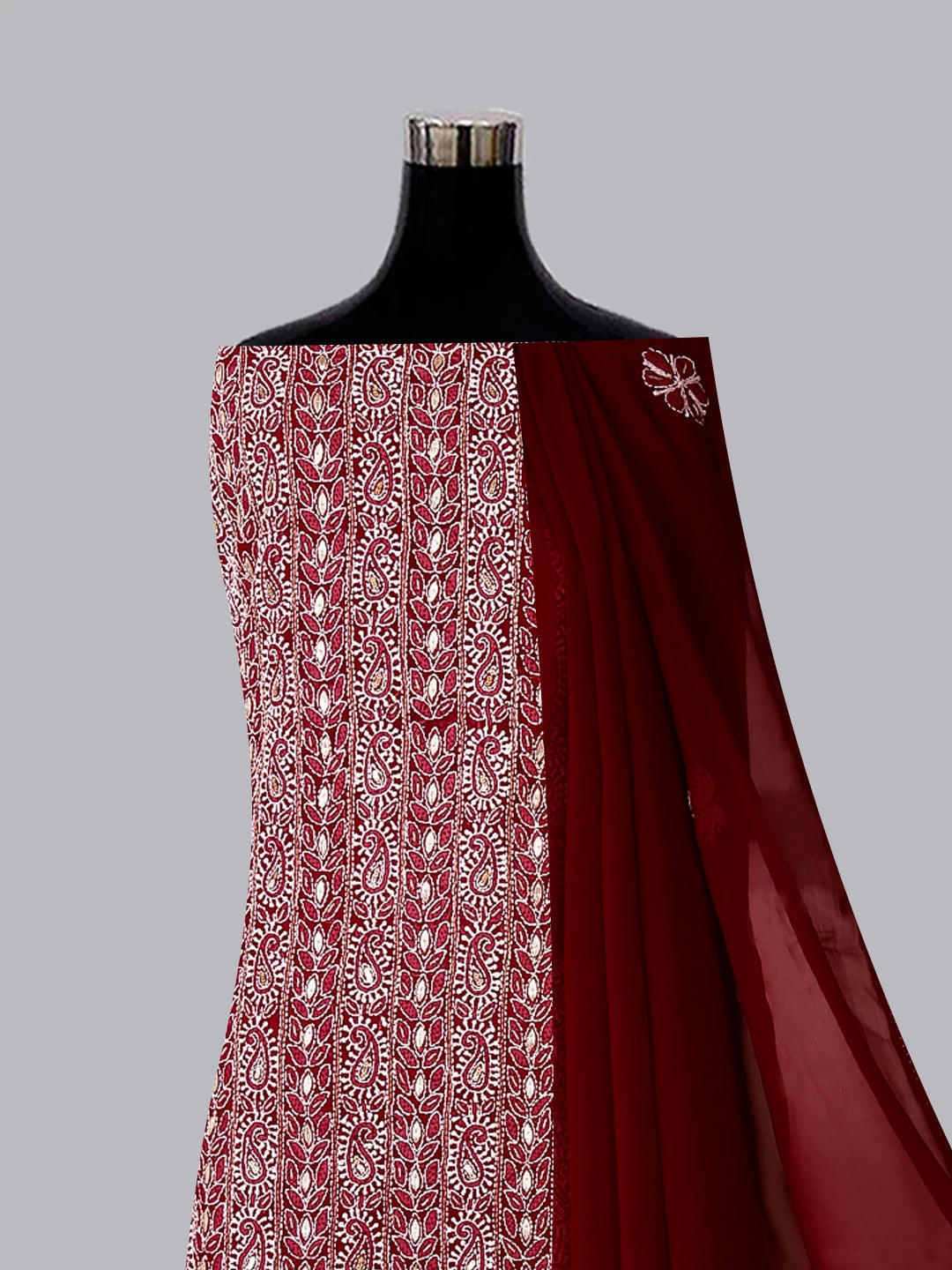 Ada Hand Embroidered Maroon Georgette Lucknowi Chikankari Unstitched Suit Piece With Gotapatti 01A378436