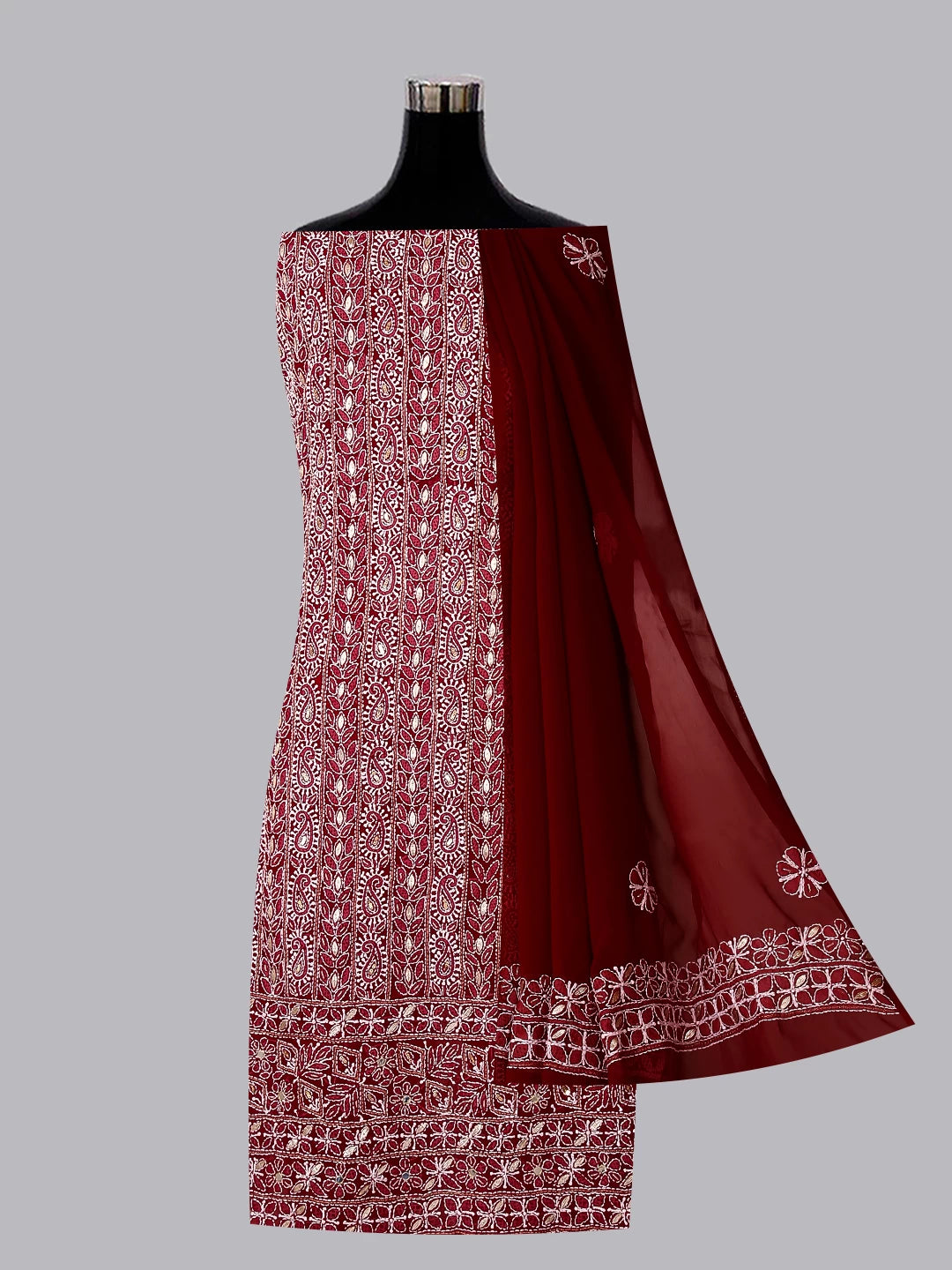 Ada Hand Embroidered Maroon Georgette Lucknowi Chikankari Unstitched Suit Piece With Gotapatti 01A378436