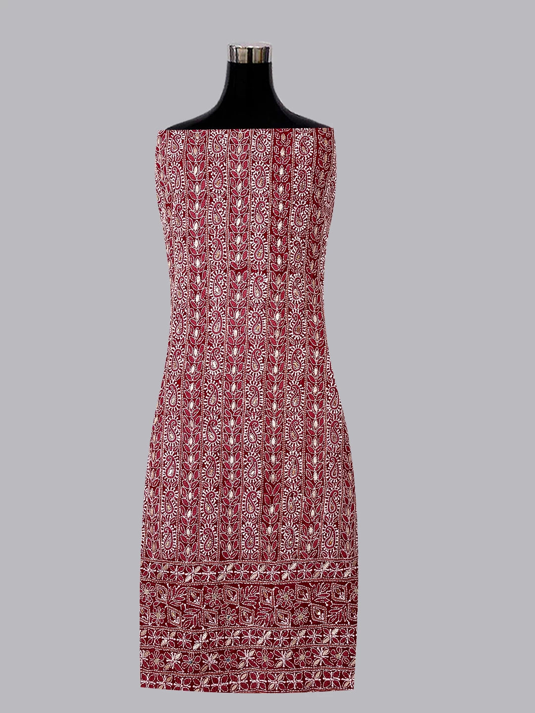 Ada Hand Embroidered Maroon Georgette Lucknowi Chikankari Unstitched Suit Piece With Gotapatti 01A378436