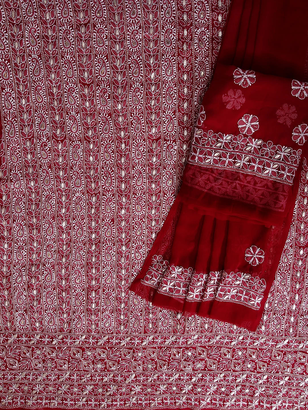 Ada Hand Embroidered Maroon Georgette Lucknowi Chikankari Unstitched Suit Piece With Gotapatti 01A378436