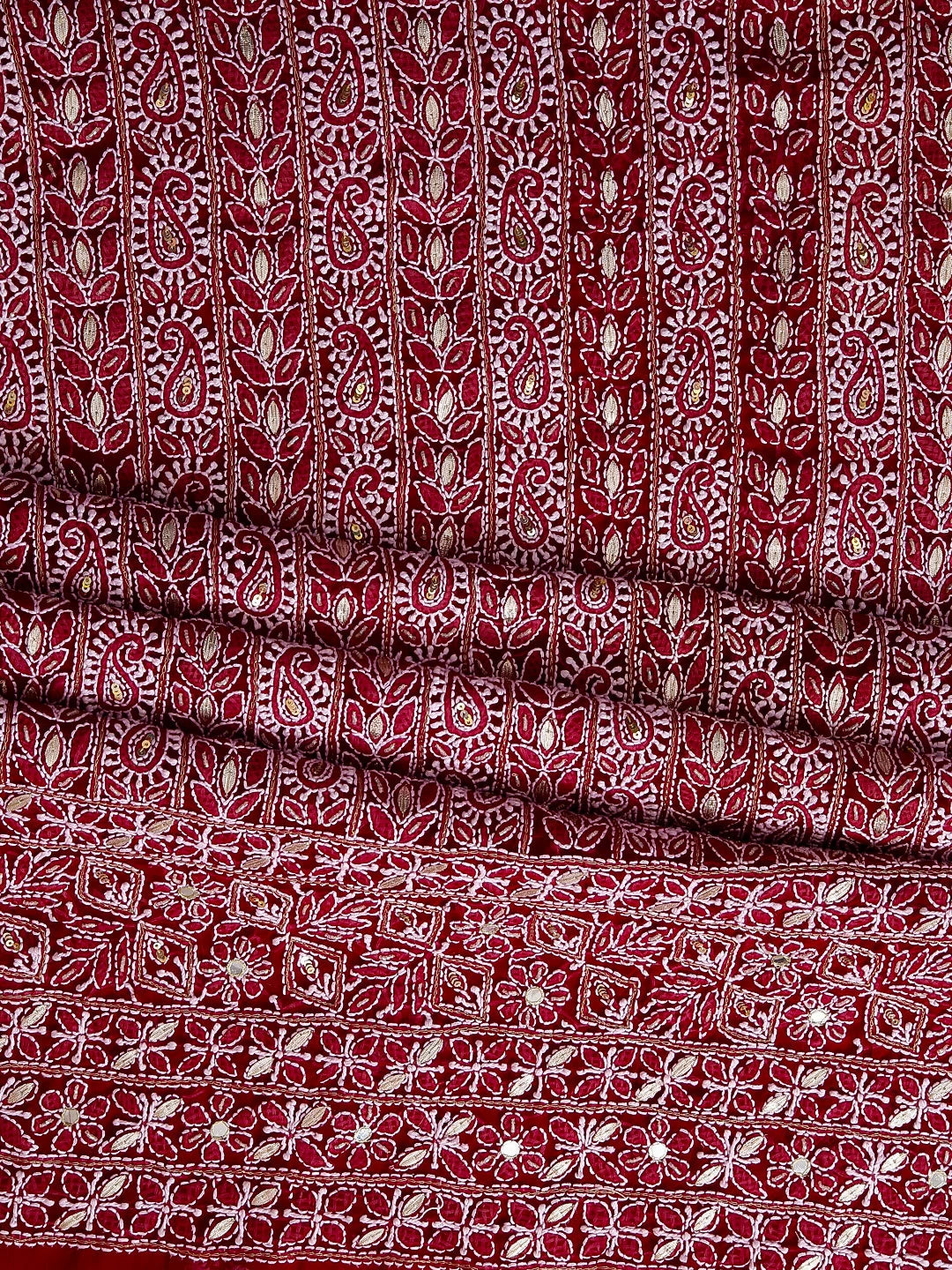 Ada Hand Embroidered Maroon Georgette Lucknowi Chikankari Unstitched Suit Piece With Gotapatti 01A378436