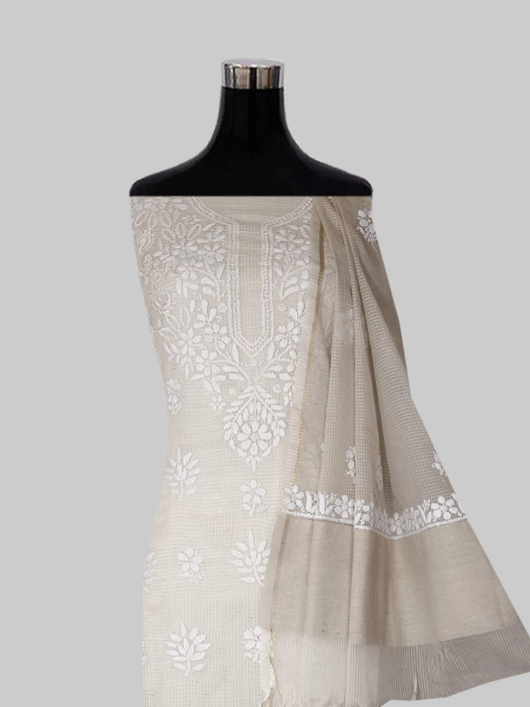 Ada Hand Embroidered Oat Fawn Kota Chanderi Lucknowi Chikankari Unstitched Kurta Dupatta Set 01A435916