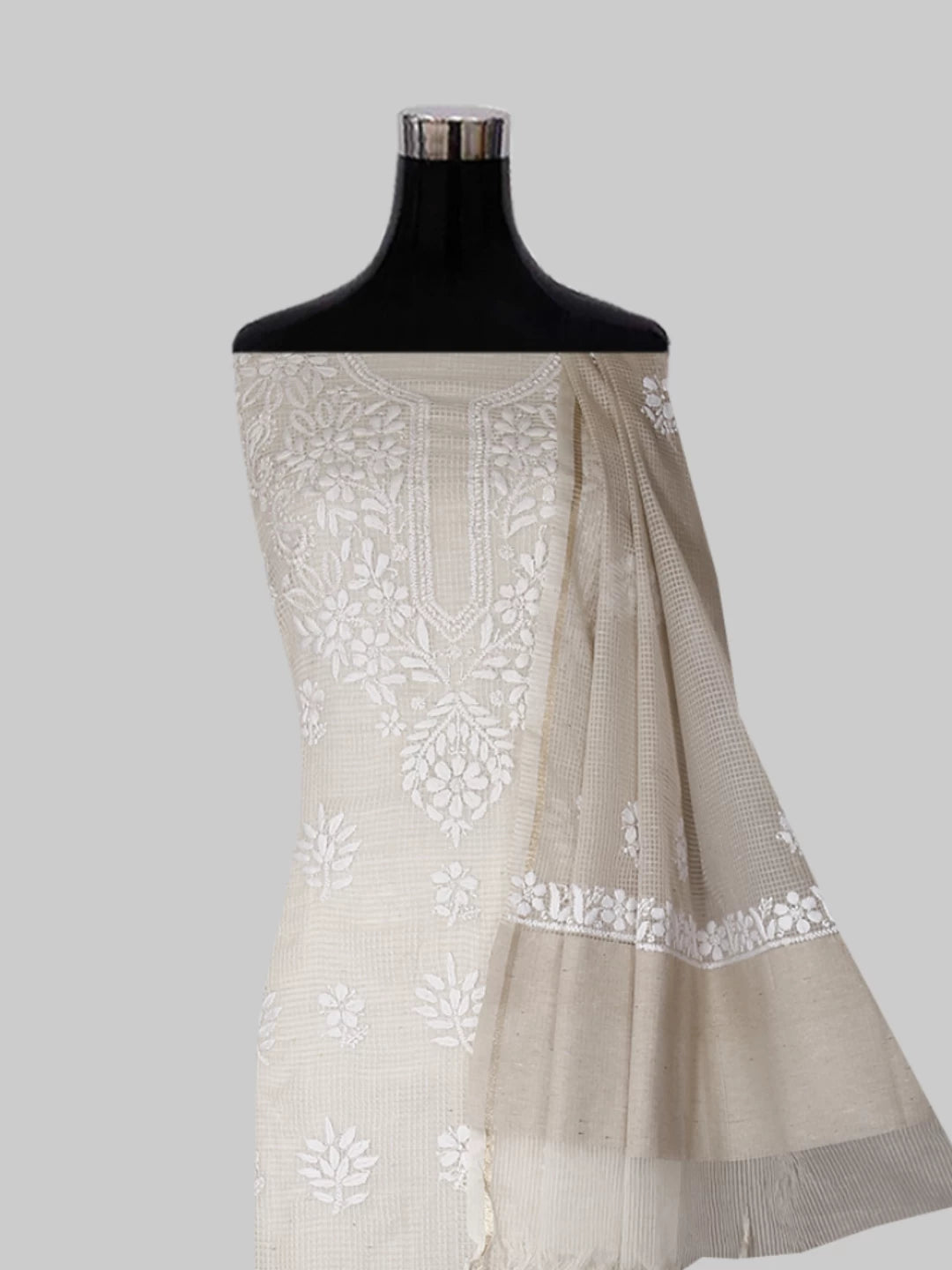 Ada Hand Embroidered Oat Fawn Kota Chanderi Lucknowi Chikankari Unstitched Kurta Dupatta Set 01A435916