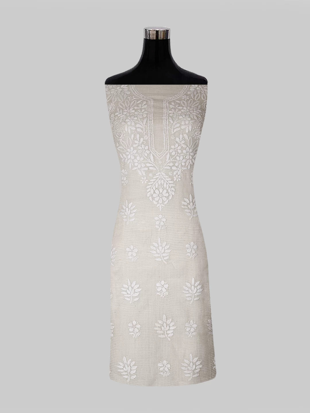 Ada Hand Embroidered Oat Fawn Kota Chanderi Lucknowi Chikankari Unstitched Kurta Dupatta Set 01A435916