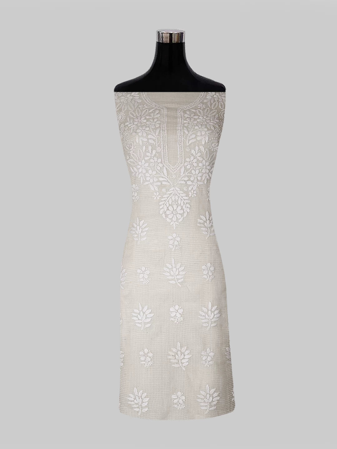 Ada Hand Embroidered Oat Fawn Kota Chanderi Lucknowi Chikankari Unstitched Kurta Dupatta Set 01A435916