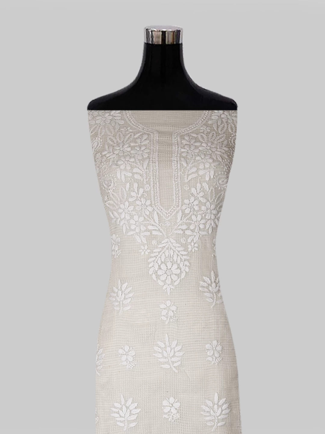 Ada Hand Embroidered Oat Fawn Kota Chanderi Lucknowi Chikankari Unstitched Kurta Dupatta Set 01A435916