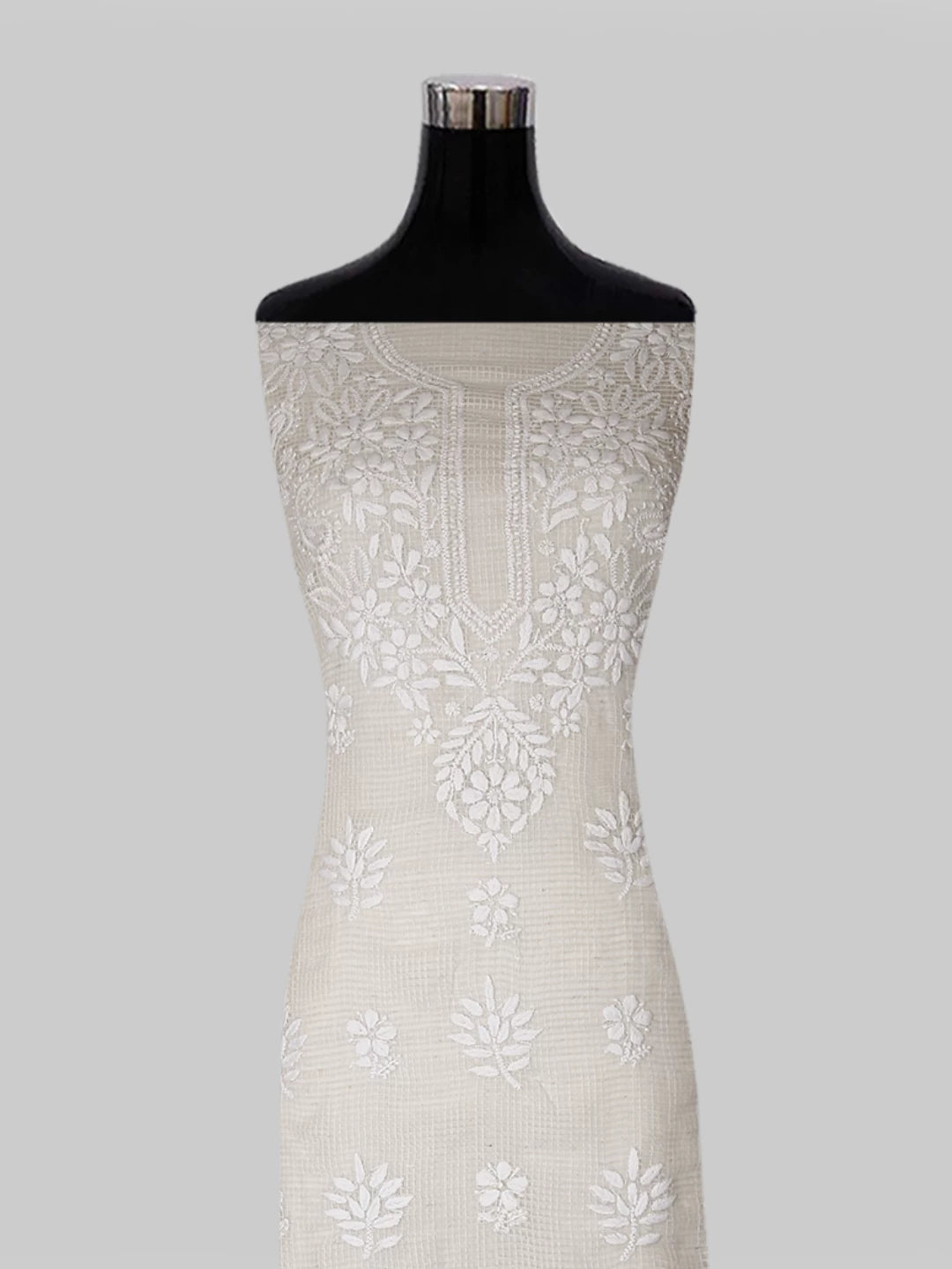 Ada Hand Embroidered Oat Fawn Kota Chanderi Lucknowi Chikankari Unstitched Kurta Dupatta Set 01A435916