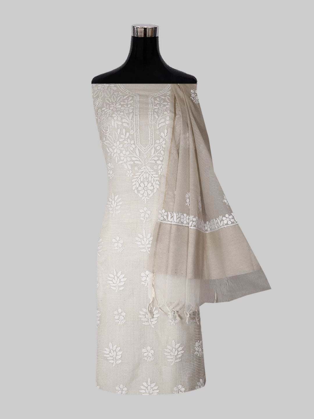 Ada Hand Embroidered Oat Fawn Kota Chanderi Lucknowi Chikankari Unstitched Kurta Dupatta Set 01A435916