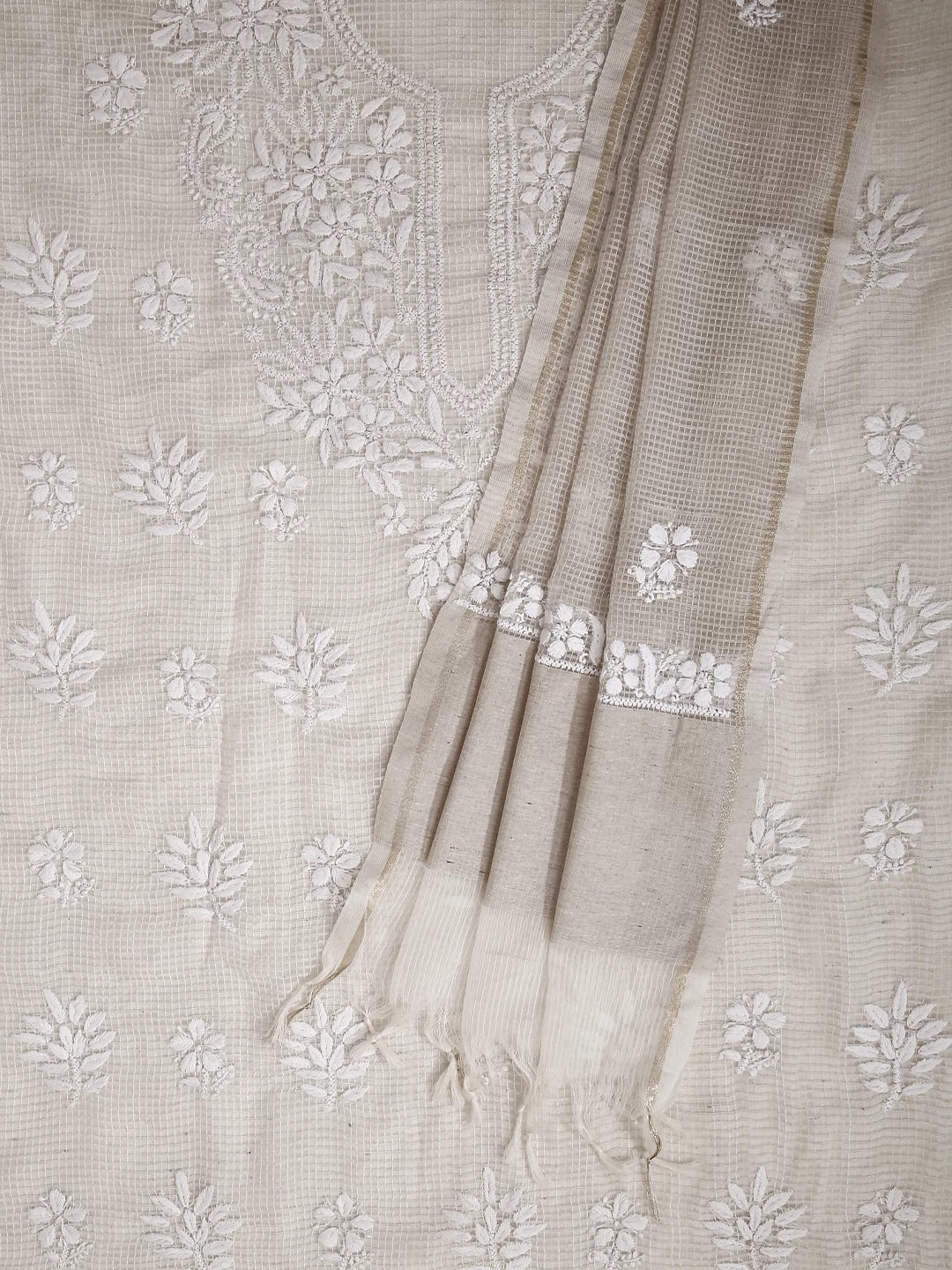 Ada Hand Embroidered Oat Fawn Kota Chanderi Lucknowi Chikankari Unstitched Kurta Dupatta Set 01A435916