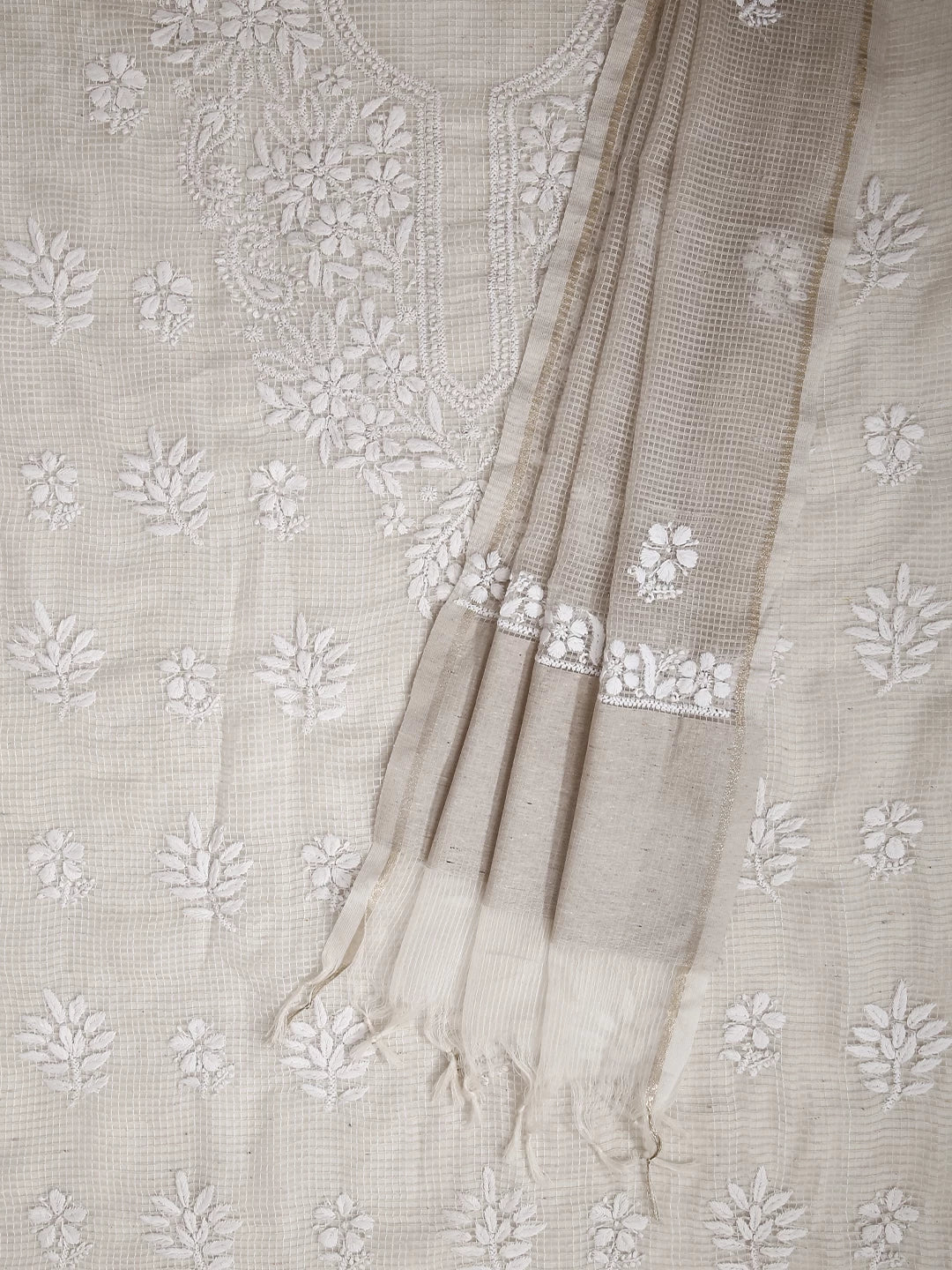 Ada Hand Embroidered Oat Fawn Kota Chanderi Lucknowi Chikankari Unstitched Kurta Dupatta Set 01A435916
