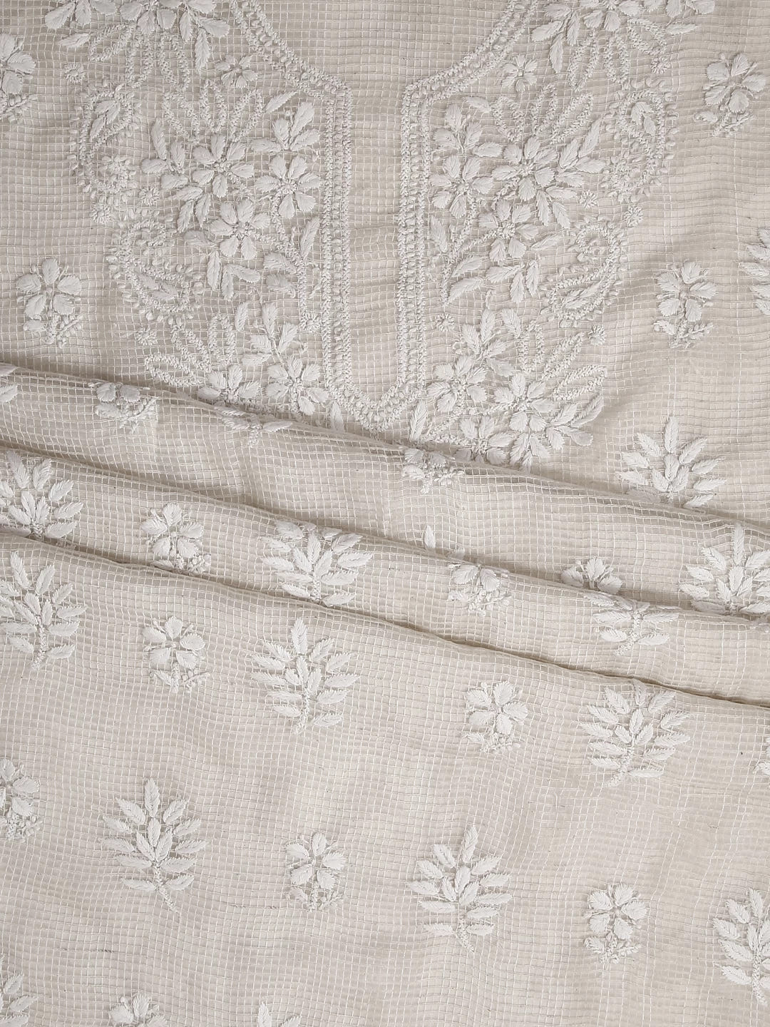 Ada Hand Embroidered Oat Fawn Kota Chanderi Lucknowi Chikankari Unstitched Kurta Dupatta Set 01A435916
