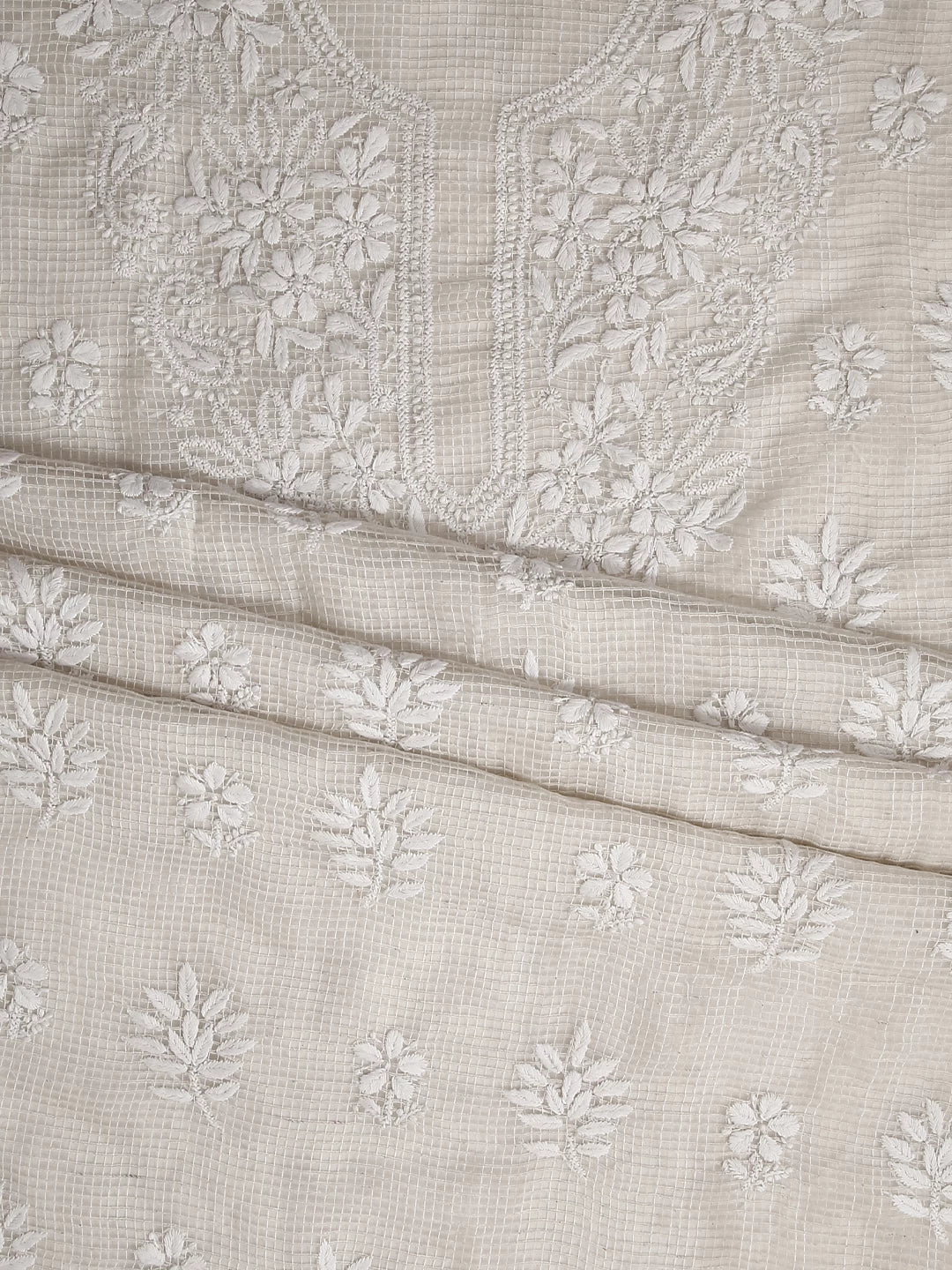 Ada Hand Embroidered Oat Fawn Kota Chanderi Lucknowi Chikankari Unstitched Kurta Dupatta Set 01A435916
