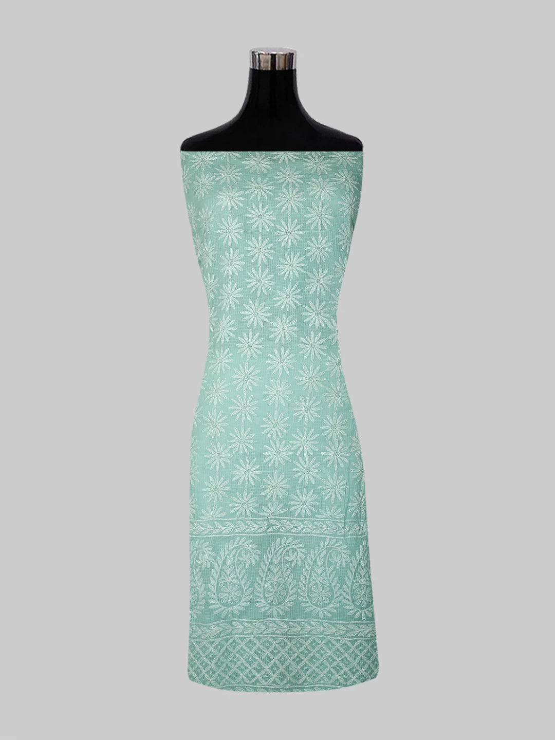 Ada Hand Embroidered Sea Green Kota Lucknowi Chikankari Unstitched Kurta Dupatta Set 01A415255