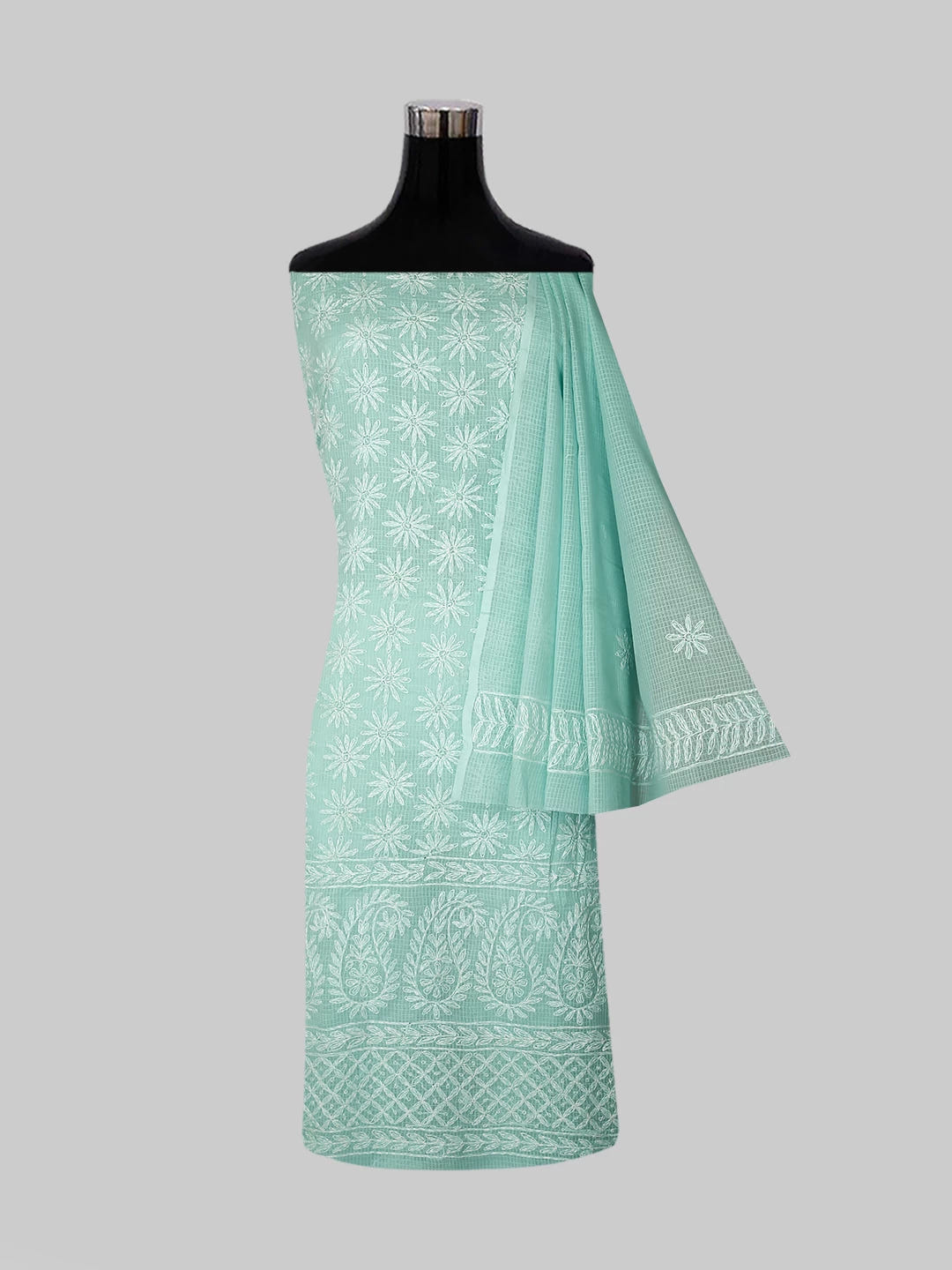 Ada Hand Embroidered Sea Green Kota Lucknowi Chikankari Unstitched Kurta Dupatta Set 01A415255