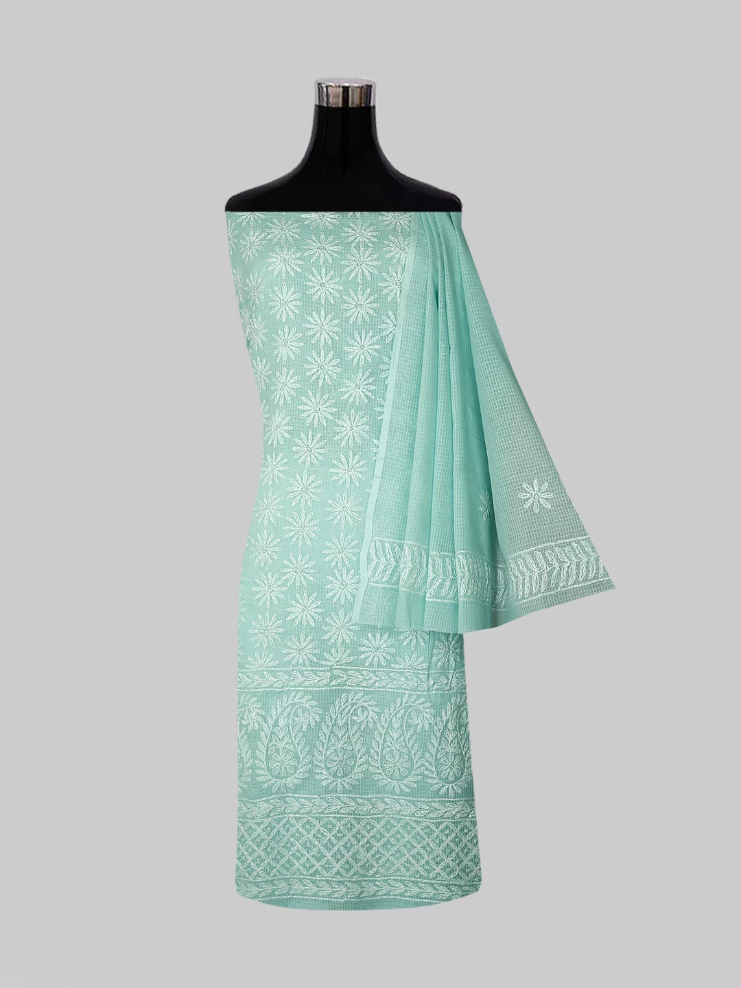Ada Hand Embroidered Sea Green Kota Lucknowi Chikankari Unstitched Kurta Dupatta Set 01A415255