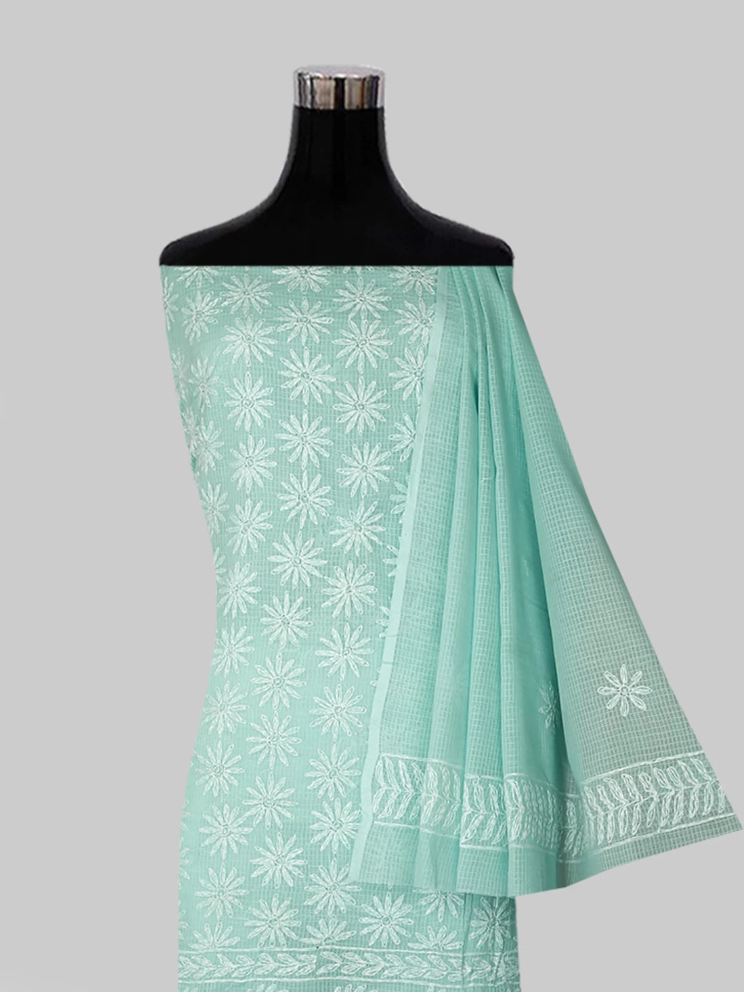 Ada Hand Embroidered Sea Green Kota Lucknowi Chikankari Unstitched Kurta Dupatta Set 01A415255
