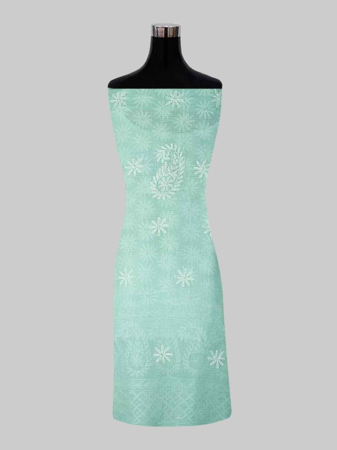 Ada Hand Embroidered Sea Green Kota Lucknowi Chikankari Unstitched Kurta Dupatta Set 01A415255