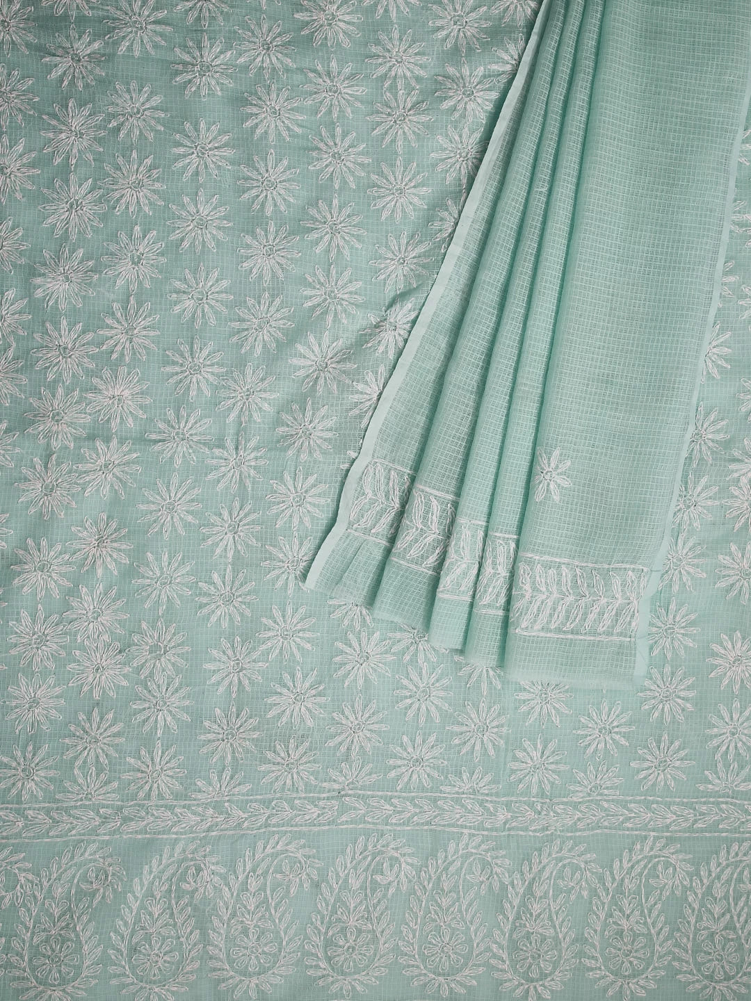 Ada Hand Embroidered Sea Green Kota Lucknowi Chikankari Unstitched Kurta Dupatta Set 01A415255