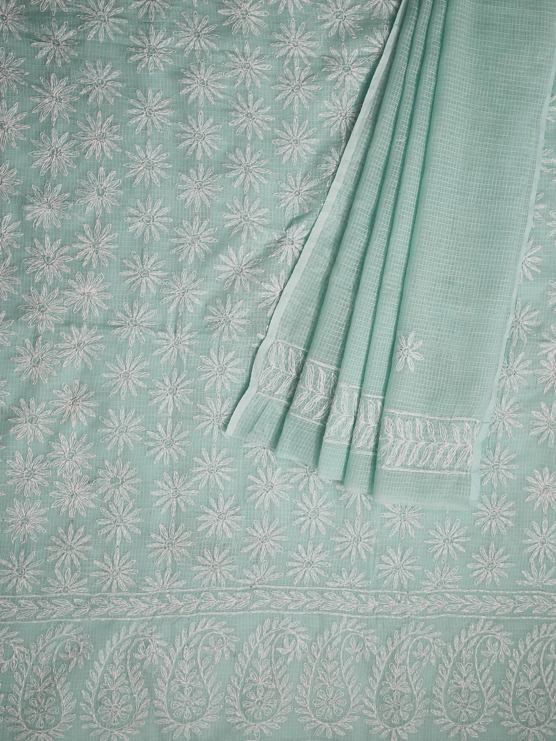 Ada Hand Embroidered Sea Green Kota Lucknowi Chikankari Unstitched Kurta Dupatta Set 01A415255