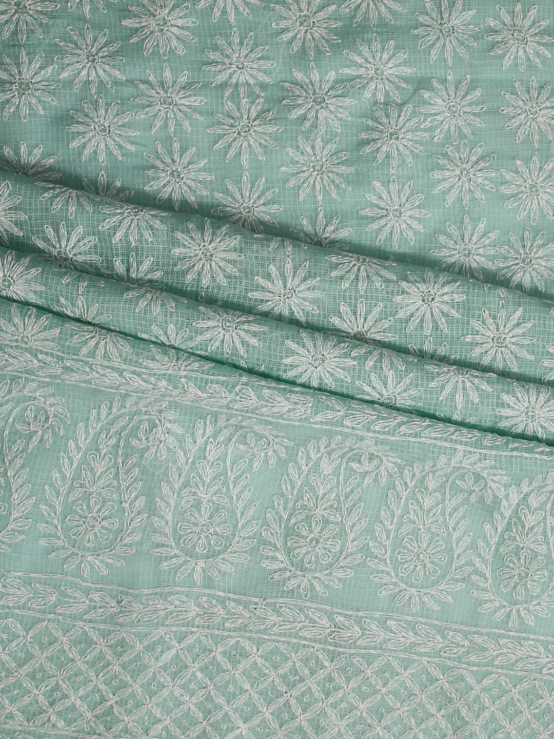 Ada Hand Embroidered Sea Green Kota Lucknowi Chikankari Unstitched Kurta Dupatta Set 01A415255