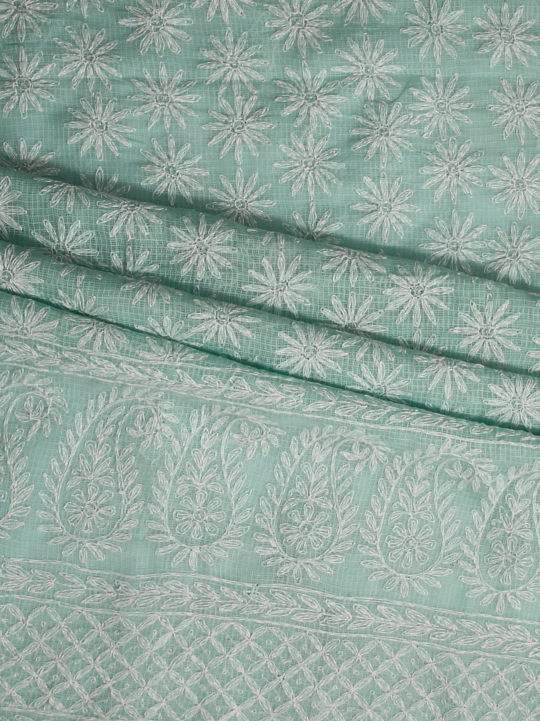 Ada Hand Embroidered Sea Green Kota Lucknowi Chikankari Unstitched Kurta Dupatta Set 01A415255