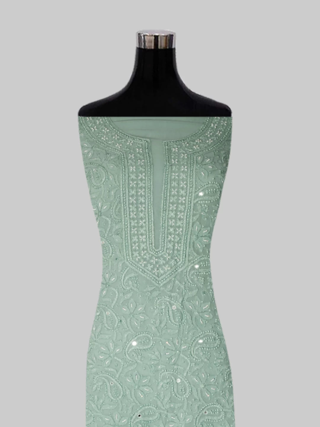 Ada Hand Embroidered Sea Sage Viscose Georgette Lucknowi Chikankari Unstitched Kurta Dupatta Set With Pearl Work 01A357961