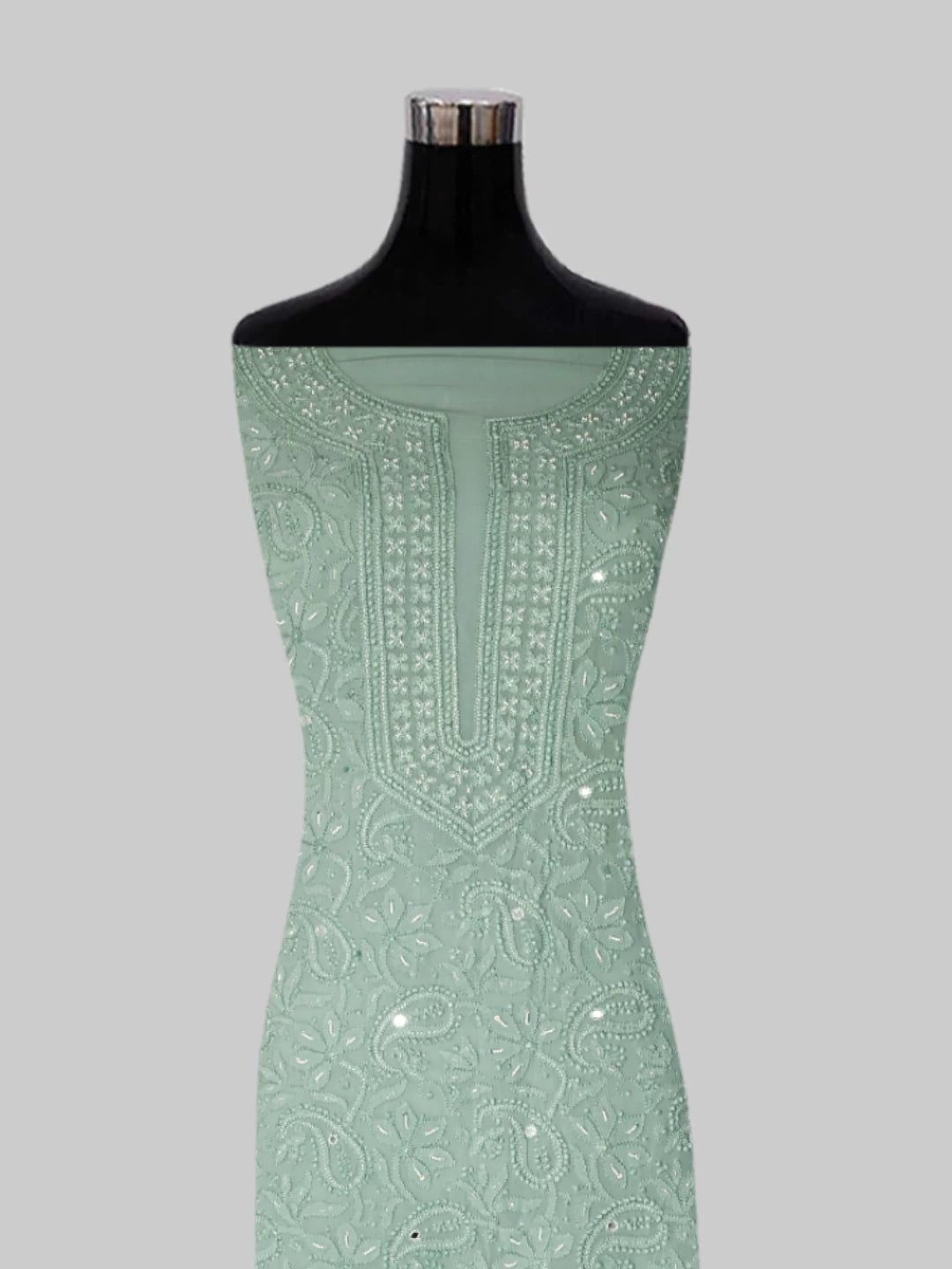 Ada Hand Embroidered Sea Sage Viscose Georgette Lucknowi Chikankari Unstitched Kurta Dupatta Set With Pearl Work 01A357961